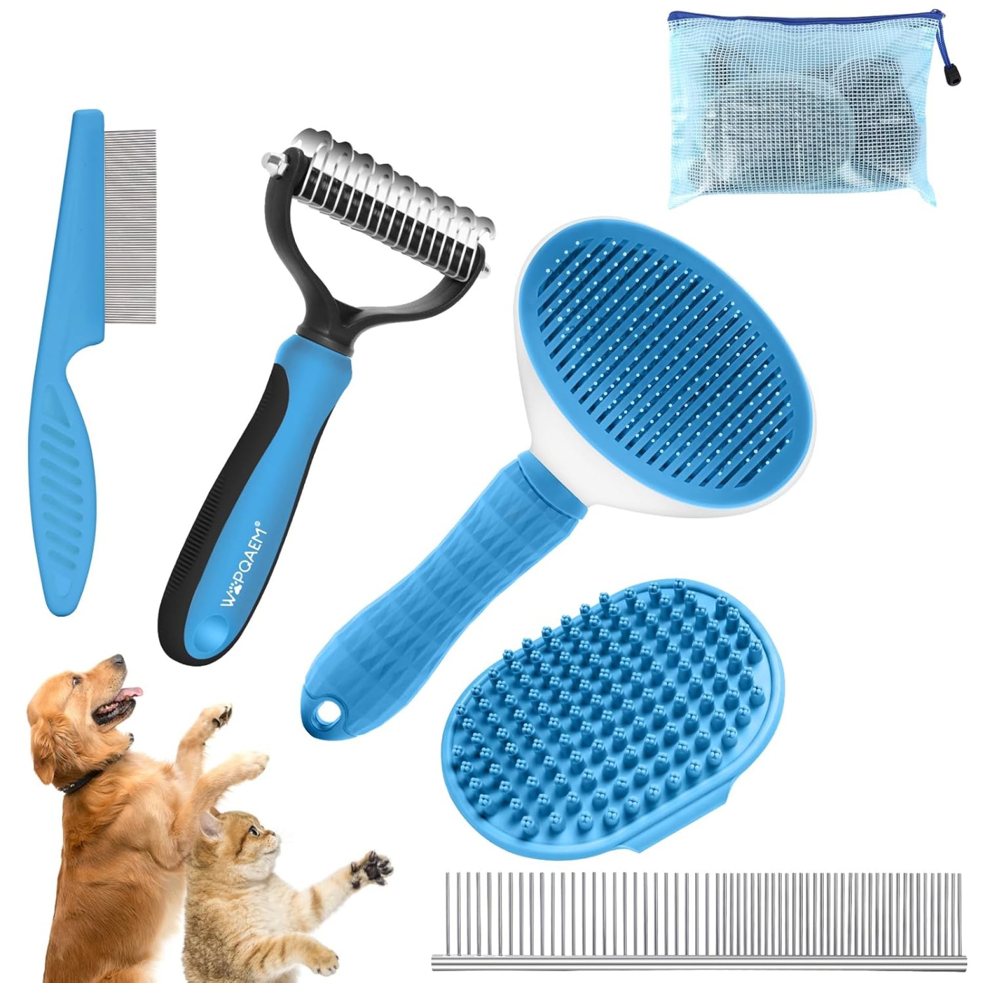 5 in 1 Dog Grooming Kit – Self-Cleaning Slicker Brush for Shedding Short Long Haired Dogs & Cats, Includes Pet Comb, Flea Comb, Bath Brush, Undercoat Rake – Complete Fur Care Set – Blue 5 in 1 Dog Grooming Kit – Self-Cleaning Slicker Brush for Shedding Short Long Haired Dogs & Cats, Includes Pet Comb, Flea Comb, Bath Brush, Undercoat Rake – Complete Fur Care Set – Blue