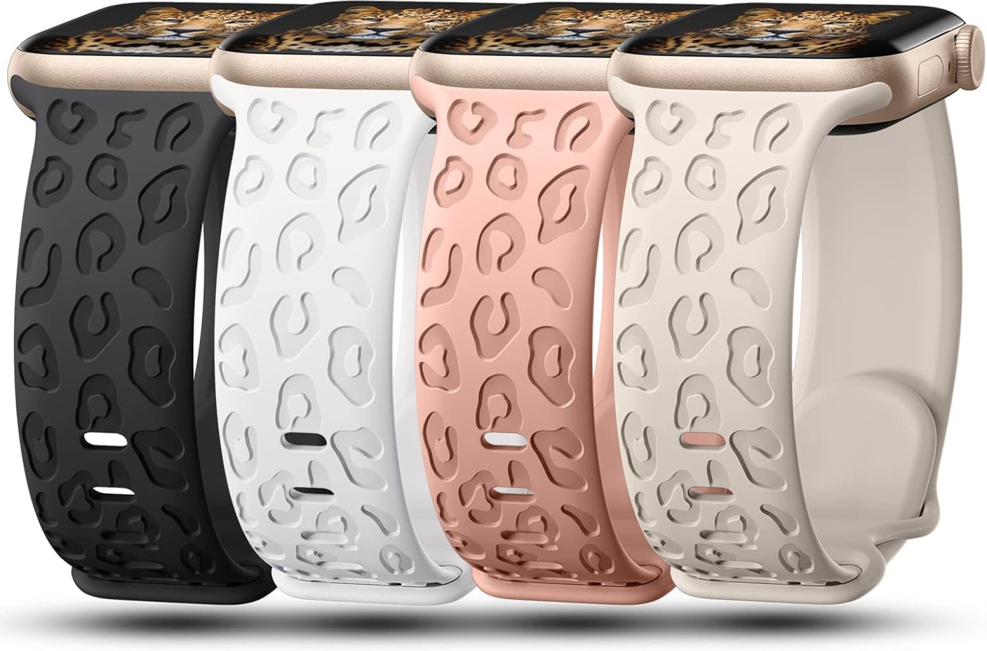 4Pack Leopard Engraved Bands Compatible with Apple Watch Band for women 40mm 41mm 42mm 38mm 44mm 45mm 46mm 49mm, Soft Silicone Cheetah Sport Strap for iWatch Series 10 9 8 7 6 5 4 3 2 1 Ultra/2 SE 4Pack Leopard Engraved Bands Compatible with Apple Watch Band for women 40mm 41mm 42mm 38mm 44mm 45mm 46mm 49mm, Soft Silicone Cheetah Sport Strap for iWatch Series 10 9 8 7 6 5 4 3 2 1 Ultra/2 SE