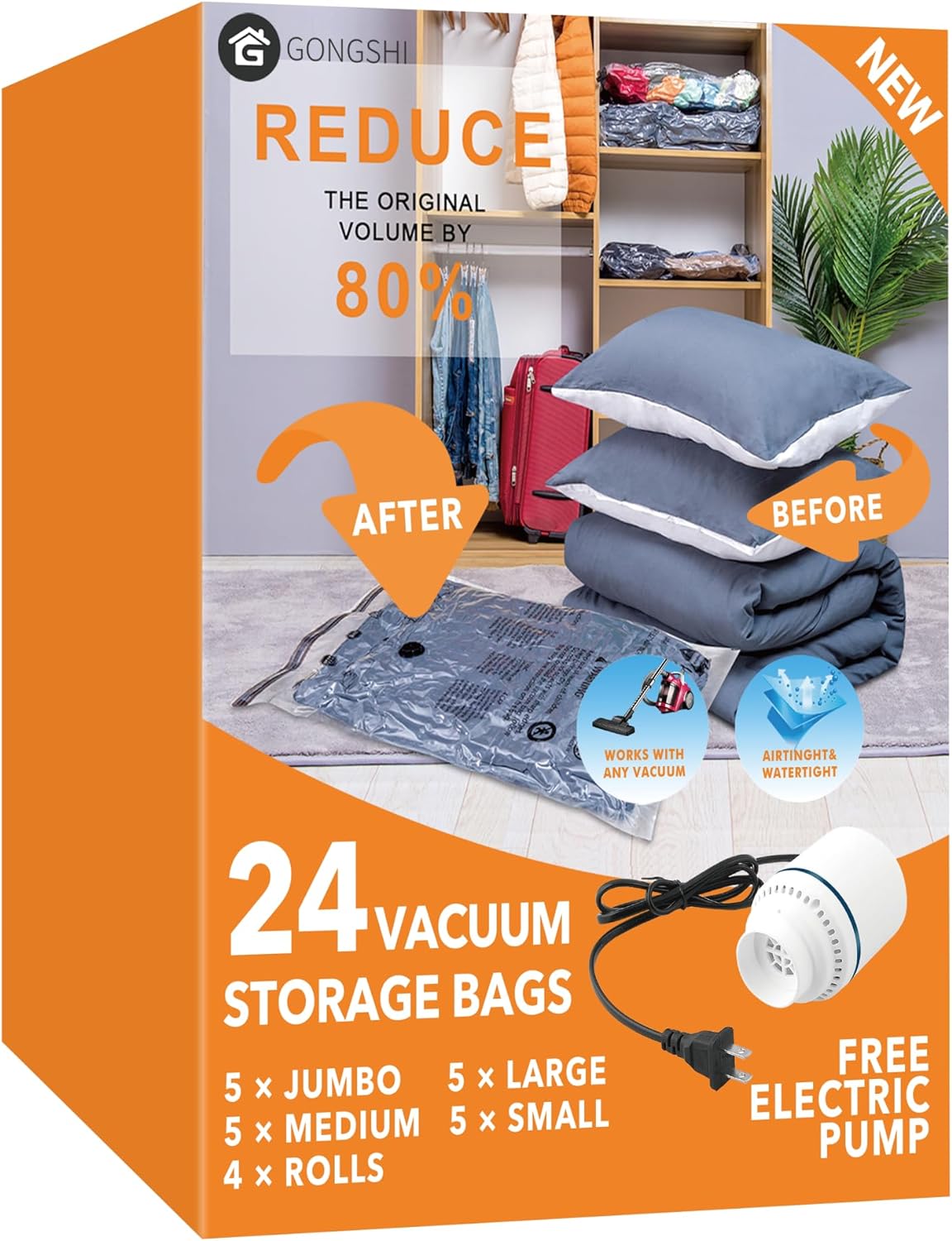 24 Pack Vacuum Storage Bags with Electric Pump, (5 Jumbo, 5 Large, 5 Medium, 5 Small, 4 Roll Up Bags) Space Saver Bag for Clothes, Mattress, Blanket, Duvets, Pillows, Comforters,Travel 24 Pack Vacuum Storage Bags with Electric Pump, (5 Jumbo, 5 Large, 5 Medium, 5 Small, 4 Roll Up Bags) Space Saver Bag for Clothes, Mattress, Blanket, Duvets, Pillows, Comforters,Travel