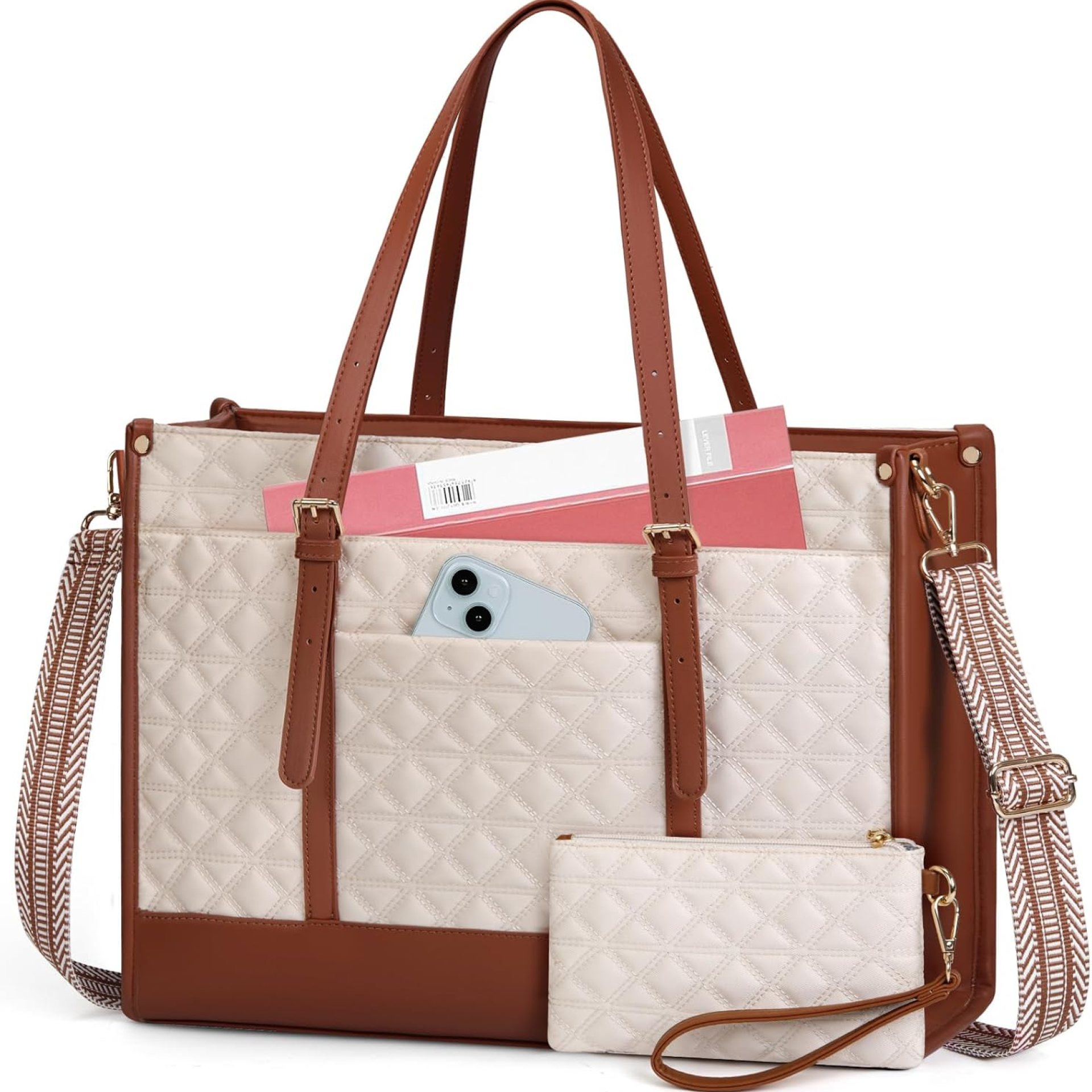 IGOLUMON Laptop Bag for Women 15.6 Inch Vegan Leather Work Tote Bag Quilted Womens Briefcase Designer Laptop Bags for Office Teacher College Cute Computer Bag with Purse Professional Beige & Brown IGOLUMON Laptop Bag for Women 15.6 Inch Vegan Leather Work Tote Bag Quilted Womens Briefcase Designer Laptop Bags for Office Teacher College Cute Computer Bag with Purse Professional Beige & Brown