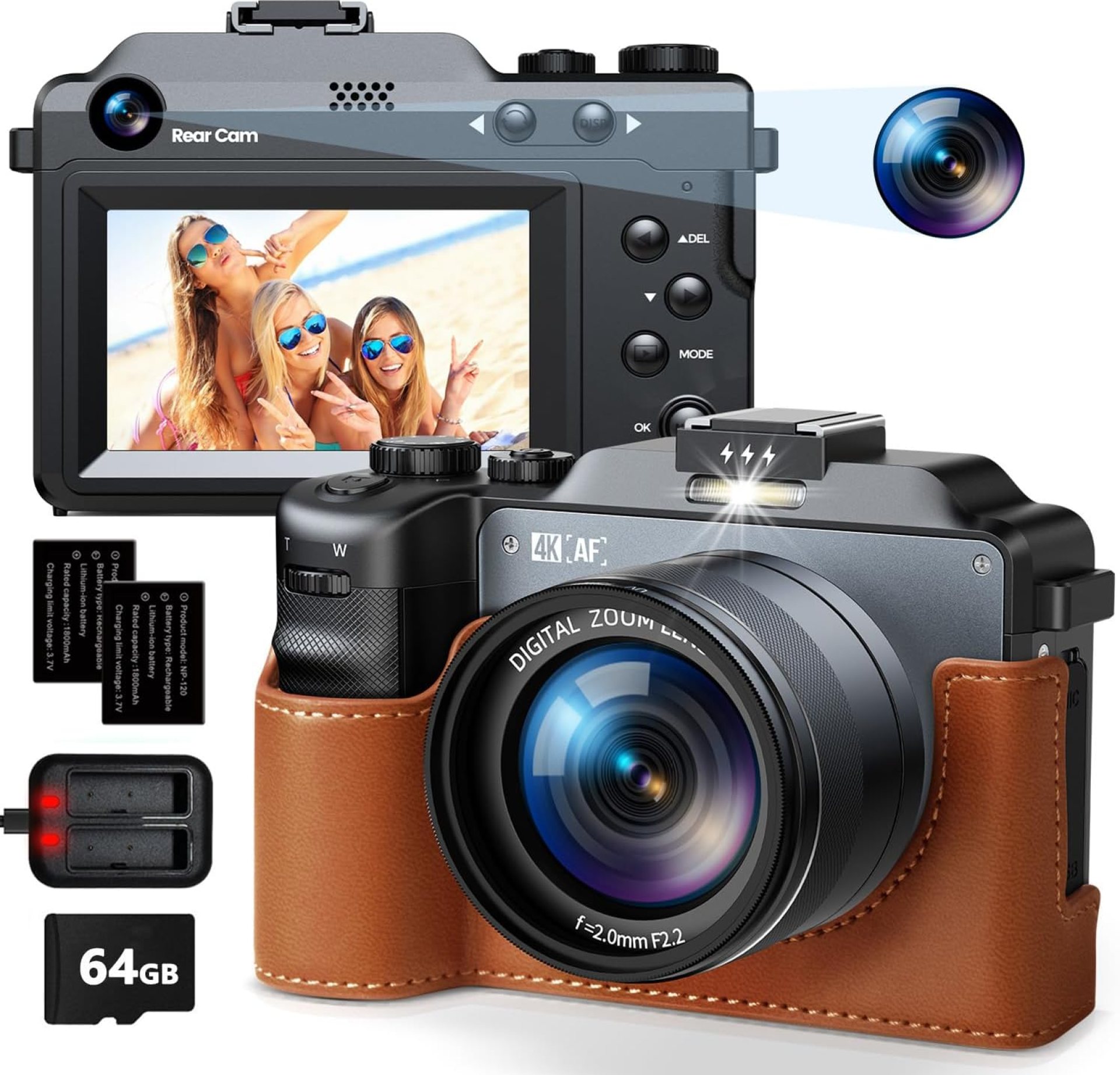 4K Digital Camera, Autofocus 64MP Vlogging Camera for YouTube with 3.0″ Screen Dual Cameras Flash 18X Digital Zoom Compact Travel Camera with 64GB SD Card, 2 Batteries for Photography Beginner 4K Digital Camera, Autofocus 64MP Vlogging Camera for YouTube with 3.0″ Screen Dual Cameras Flash 18X Digital Zoom Compact Travel Camera with 64GB SD Card, 2 Batteries for Photography Beginner