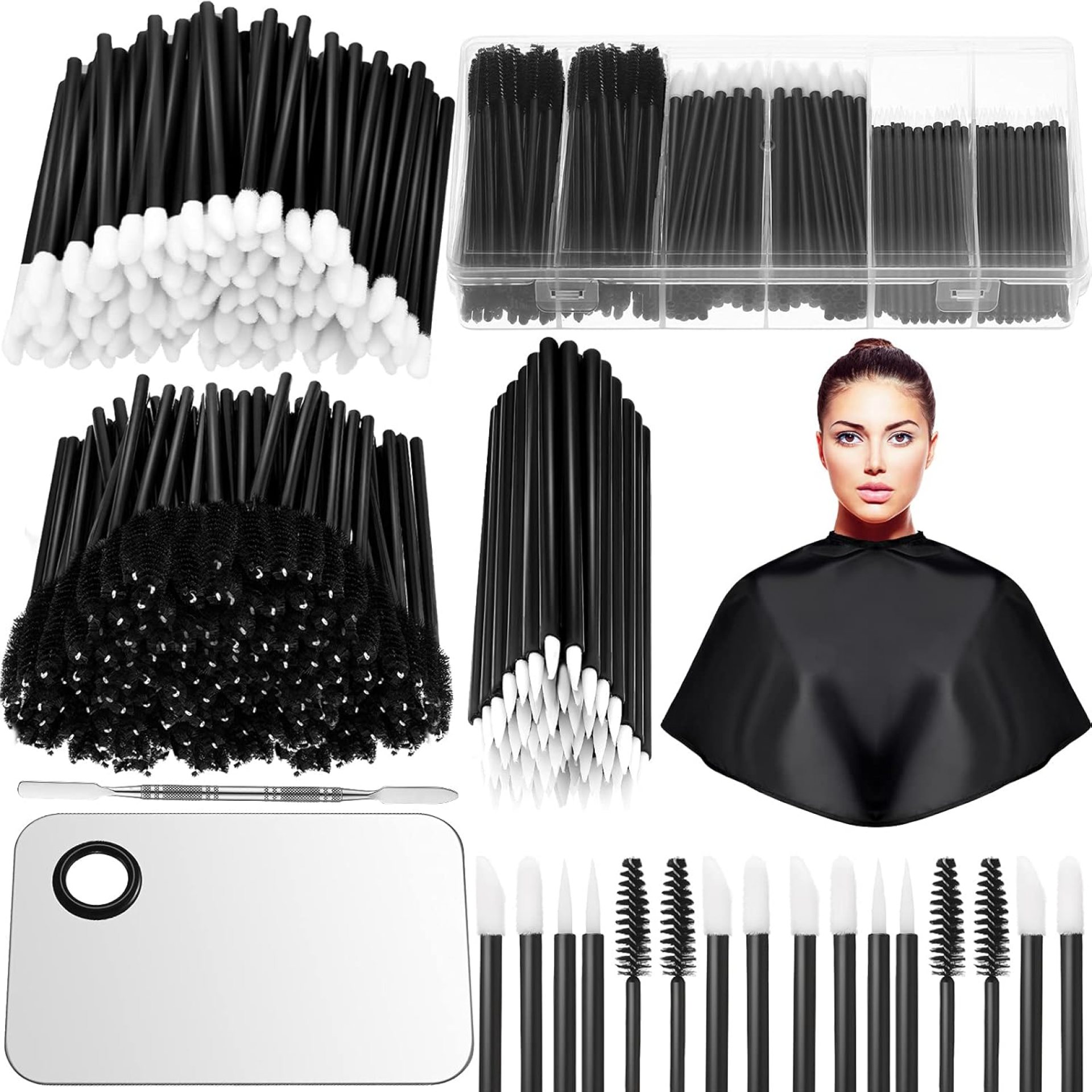260 Pieces Disposable Makeup Tools Kit, Eyeliner Brushes Mascara Wands Lipstick Applicators Plastic Organizer Box Short Waterproof Cape Stainless Steel Makeup Palette, Spatula (Black) (Black) 260 Pieces Disposable Makeup Tools Kit, Eyeliner Brushes Mascara Wands Lipstick Applicators Plastic Organizer Box Short Waterproof Cape Stainless Steel Makeup Palette, Spatula (Black) (Black)