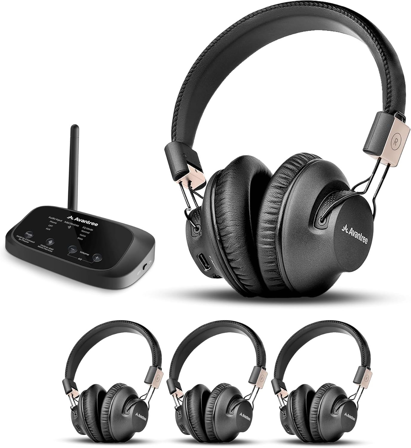 Avantree Quartet 2 – Bluetooth-Compatible Wireless Group Listening Headphones & Transmitter Set for Parties, Silent Discos, Church, TV – Multiple Rechargeable Headphones with Low Latency & Clear Sound Avantree Quartet 2 – Bluetooth-Compatible Wireless Group Listening Headphones & Transmitter Set for Parties, Silent Discos, Church, TV – Multiple Rechargeable Headphones with Low Latency & Clear Sound