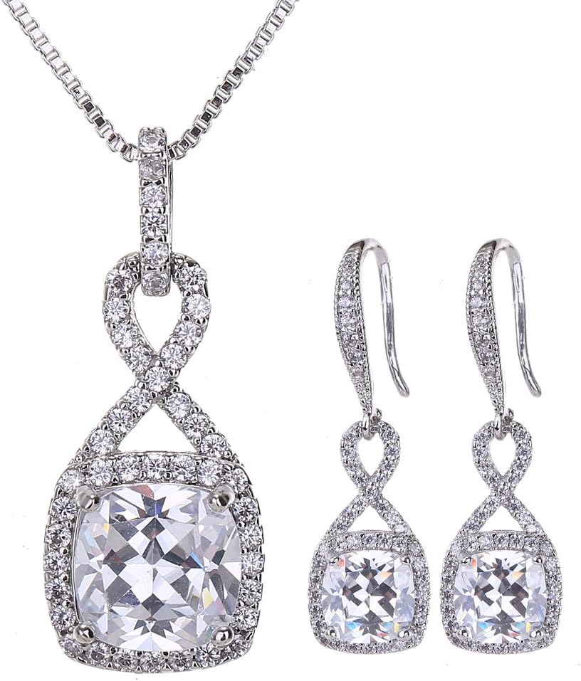 AMYJANE Crystal Jewelry Set for Women – Sterling Silver Square Cubic Zirconia CZ Bridal Pendant Necklace Earrings Set for Wedding Bride Bridesmaids Birthstone Fashion Jewelry Set AMYJANE Crystal Jewelry Set for Women – Sterling Silver Square Cubic Zirconia CZ Bridal Pendant Necklace Earrings Set for Wedding Bride Bridesmaids Birthstone Fashion Jewelry Set