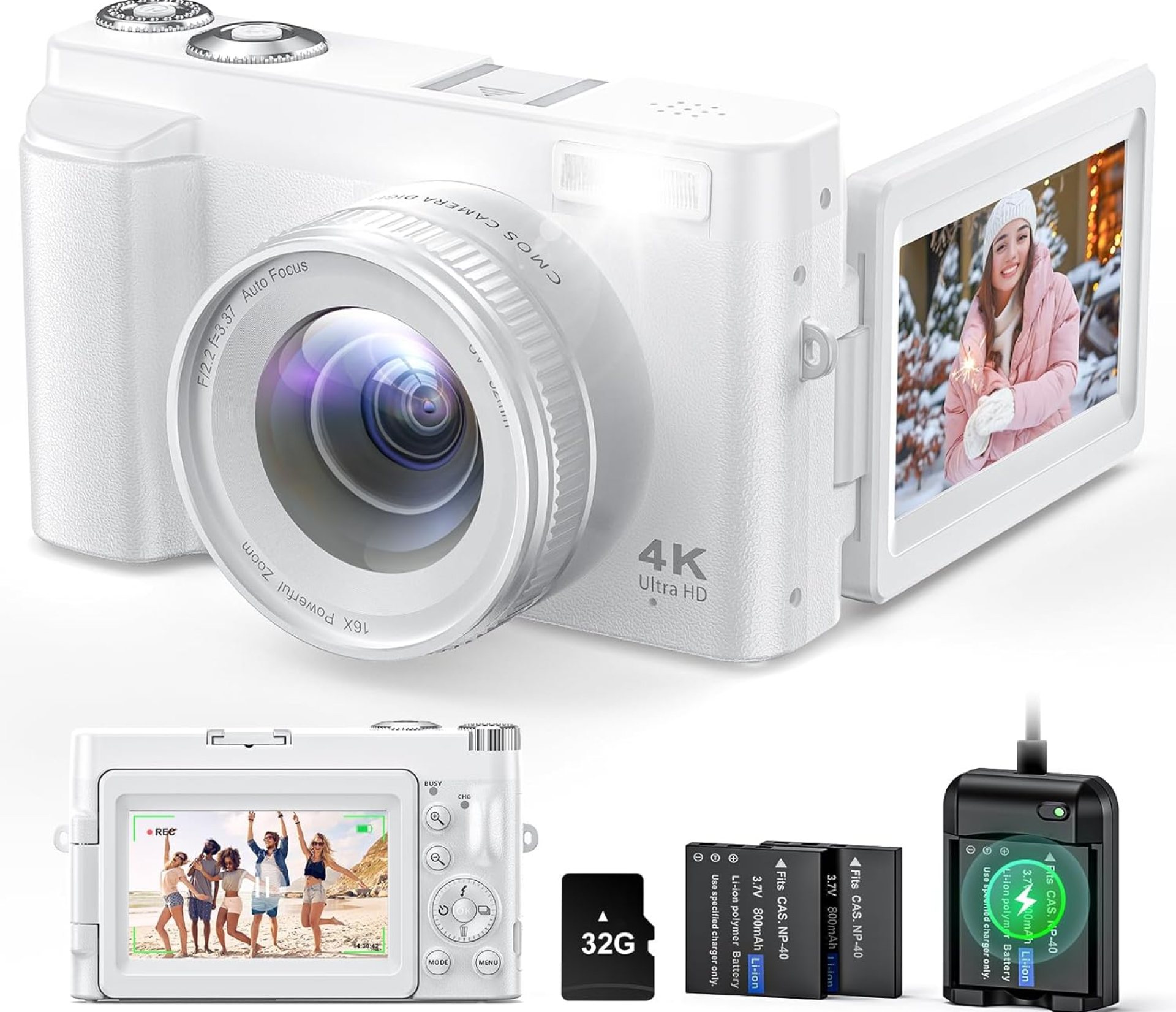 4K Digital Camera for Photography and Video, Autofocus Anti-Shake 48MP Vlogging Camera for YouTube, 3” 180°Flip Screen Camera with Flash 16X Zoom, Digital Camera with 32GB Card Battery Charger White 4K Digital Camera for Photography and Video, Autofocus Anti-Shake 48MP Vlogging Camera for YouTube, 3” 180°Flip Screen Camera with Flash 16X Zoom, Digital Camera with 32GB Card Battery Charger White