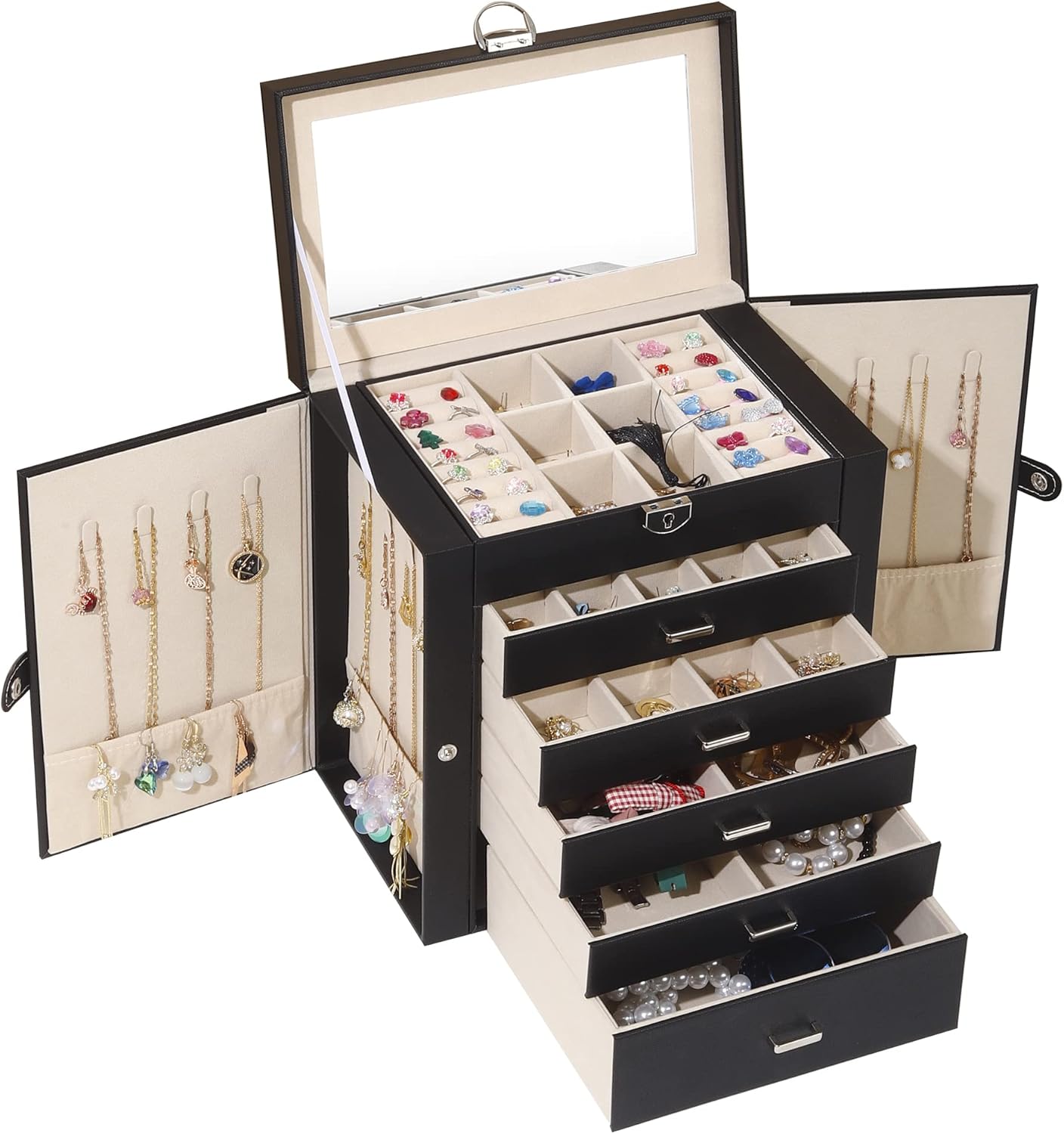 BOOVO Jewelry Box For women, 6 Layer Large Jewelry Organizer With Mirror, Multi-Function Storage Box With Lock, Accessory Holder With 5 Drawers, For Earrings Necklace Ring Bracelet (Black) BOOVO Jewelry Box For women, 6 Layer Large Jewelry Organizer With Mirror, Multi-Function Storage Box With Lock, Accessory Holder With 5 Drawers, For Earrings Necklace Ring Bracelet (Black)