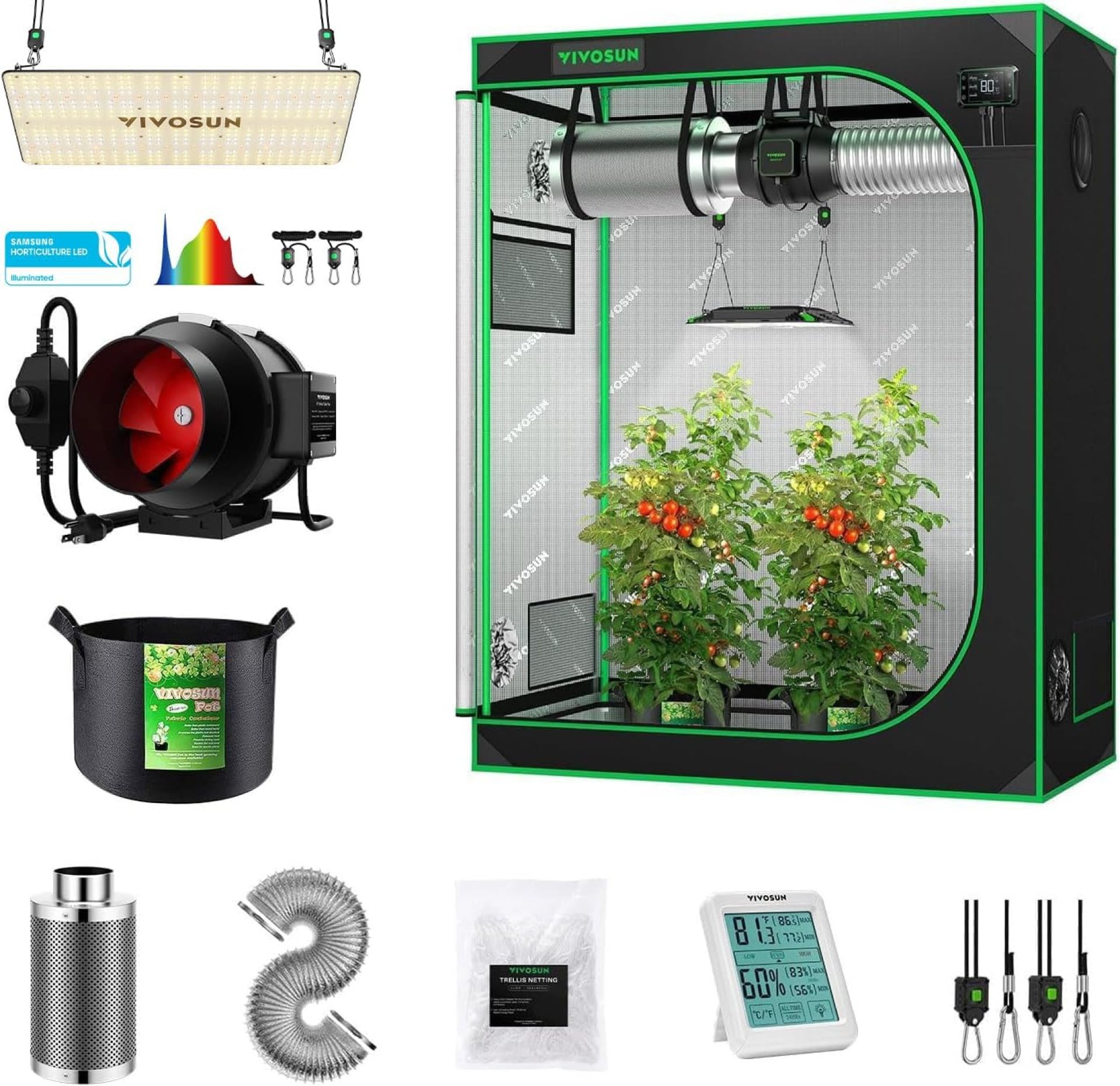 VIVOSUN VS2000 LED Grow Light with Samsung LM301 Diodes & Brand Driver, 4×2 Grow Tent, 6 Inch 390 CFM Inline Fan with Speed Controller, 5-Pack 5 Gallon Grow Bags, 5 x 15 ft. Plant Trellis Netting VIVOSUN VS2000 LED Grow Light with Samsung LM301 Diodes & Brand Driver, 4×2 Grow Tent, 6 Inch 390 CFM Inline Fan with Speed Controller, 5-Pack 5 Gallon Grow Bags, 5 x 15 ft. Plant Trellis Netting