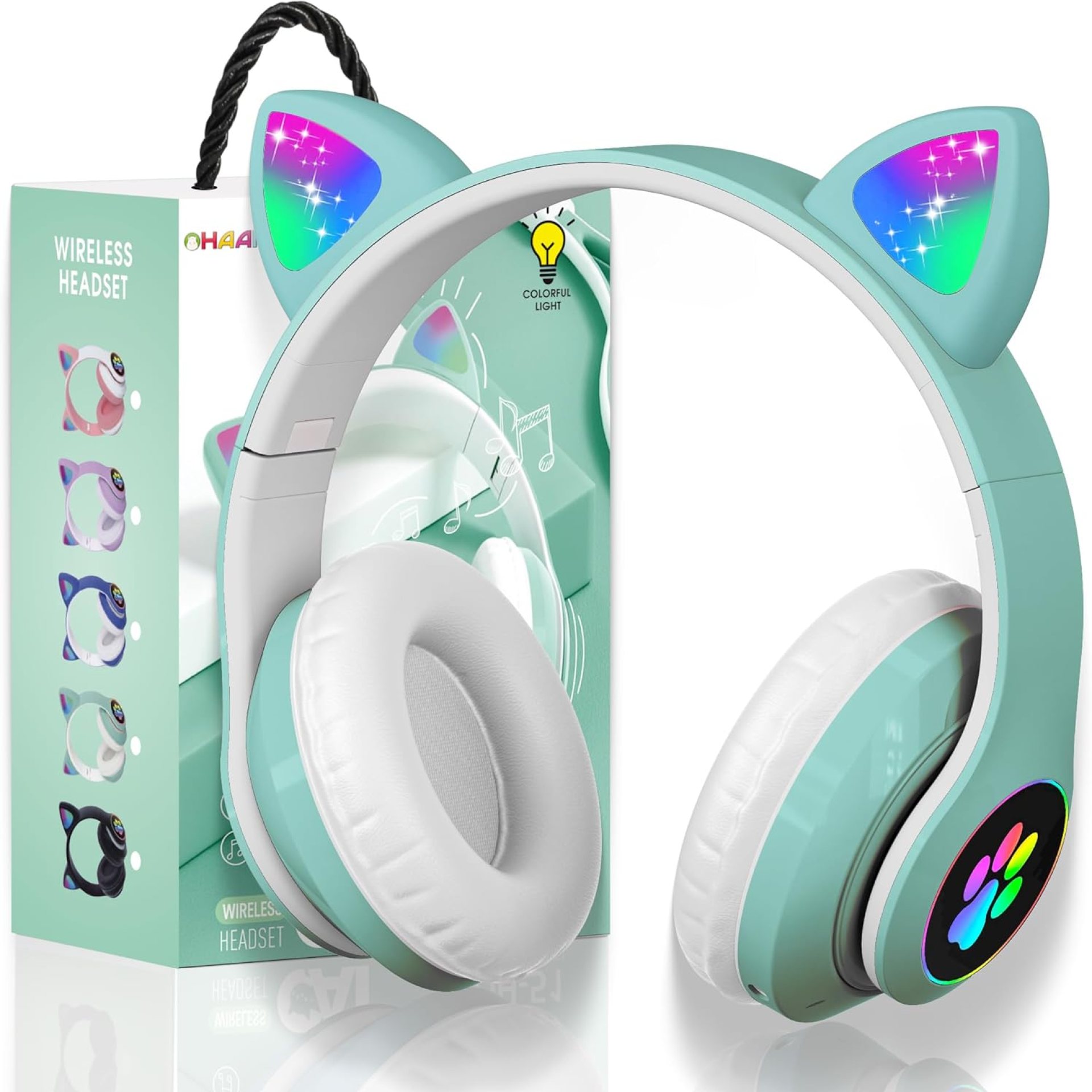 Bluetooth Headphones for Kids, Cute Ear Cat Ear LED Light Up Foldable Headphones Stereo Over Ear with Microphone/TF Card Wireless Headphone for iPhone/iPad/Smartphone/Laptop/PC/TV (Green) Bluetooth Headphones for Kids, Cute Ear Cat Ear LED Light Up Foldable Headphones Stereo Over Ear with Microphone/TF Card Wireless Headphone for iPhone/iPad/Smartphone/Laptop/PC/TV (Green)