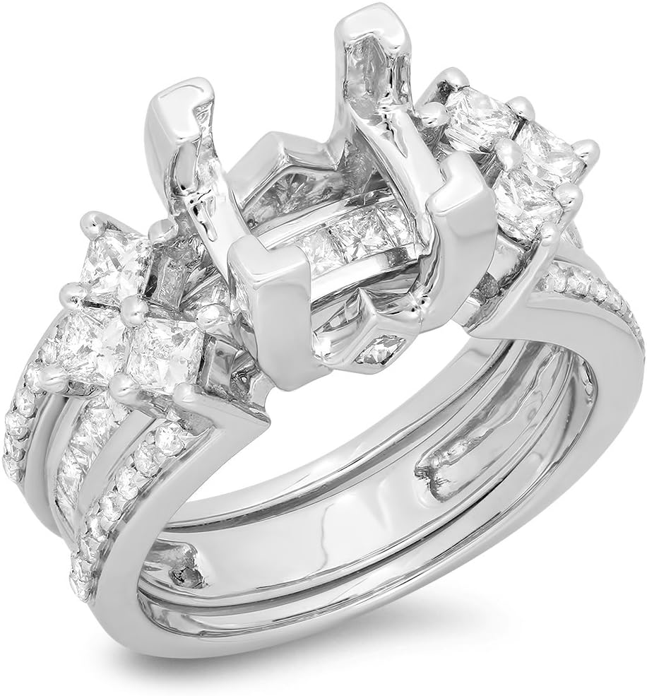 Dazzlingrock Collection 1.75 Cttw 14k Princess And Round Diamond Bridal Semi Mount Ring Set (No Center Stone), Solid White Gold Dazzlingrock Collection 1.75 Cttw 14k Princess And Round Diamond Bridal Semi Mount Ring Set (No Center Stone), Solid White Gold