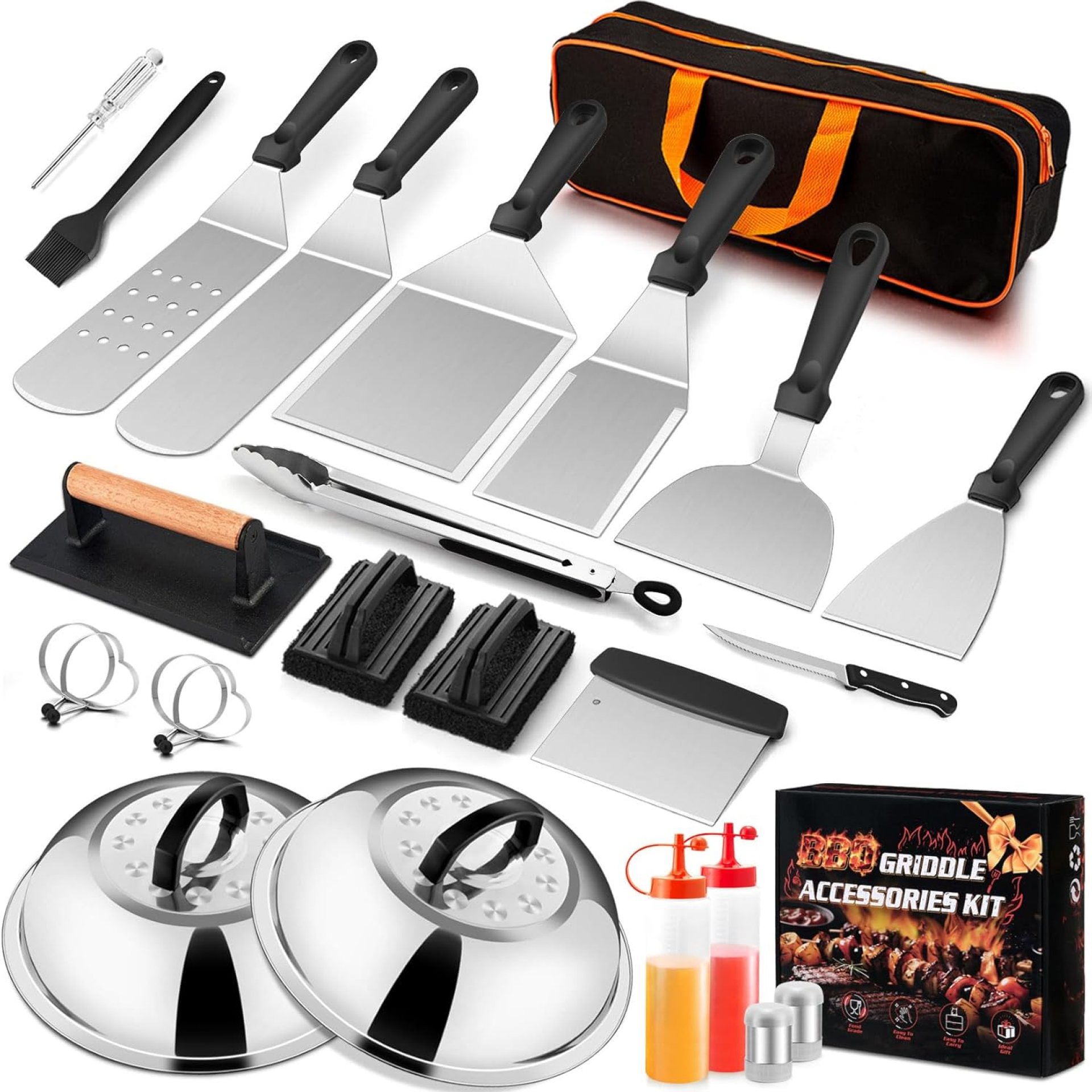 Joyfair 25Pcs Griddle Accessories Kit (with Melting Dome), Stainless Steel Flat Top Grilling Spatula Accessory Tools Set with Basting Covers Burger Press, for Outdoor BBQ Teppanyaki Hibachi Cooking Joyfair 25Pcs Griddle Accessories Kit (with Melting Dome), Stainless Steel Flat Top Grilling Spatula Accessory Tools Set with Basting Covers Burger Press, for Outdoor BBQ Teppanyaki Hibachi Cooking