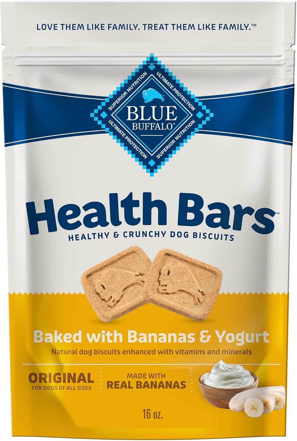Blue Buffalo Health Bars Crunchy Dog Biscuits, Oven-baked Dog Treats Made with Natural Ingredients, Bananas & Yogurt, 16-oz Bag Blue Buffalo Health Bars Crunchy Dog Biscuits, Oven-baked Dog Treats Made with Natural Ingredients, Bananas & Yogurt, 16-oz Bag