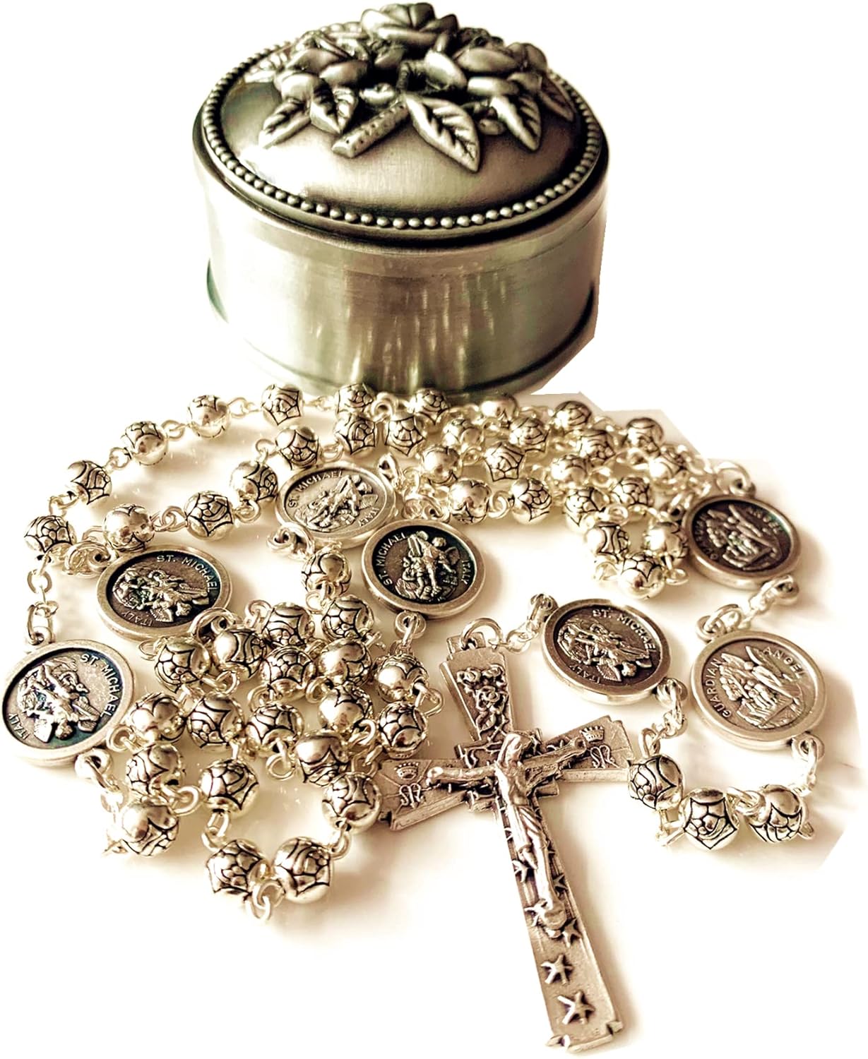 elegantmedical Handmade Silver Rose Beads Catholic ST.MICHAEL GUARDIAN ANGEL HOLY Medal Rosary Cross Necklace & Nice Metal Jewellery Box elegantmedical Handmade Silver Rose Beads Catholic ST.MICHAEL GUARDIAN ANGEL HOLY Medal Rosary Cross Necklace & Nice Metal Jewellery Box