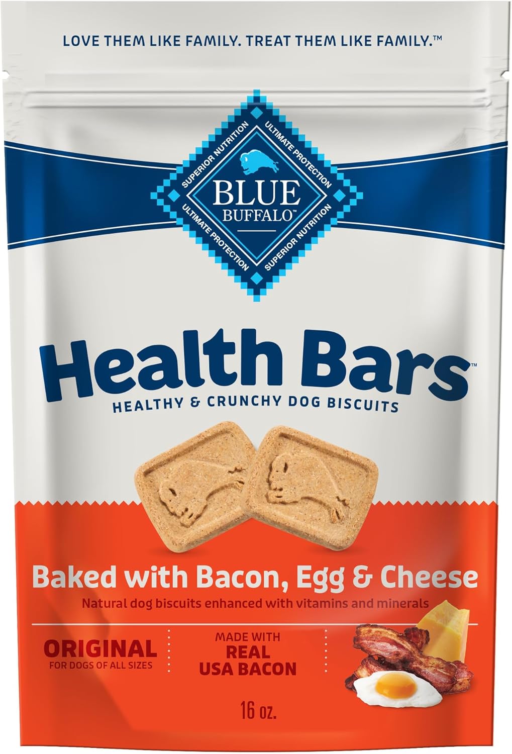 Blue Buffalo Health Bars Crunchy Dog Biscuits, Oven-Baked With Natural Ingredients, Bacon, Egg & Cheese , 16-oz. Bag Blue Buffalo Health Bars Crunchy Dog Biscuits, Oven-Baked With Natural Ingredients, Bacon, Egg & Cheese , 16-oz. Bag