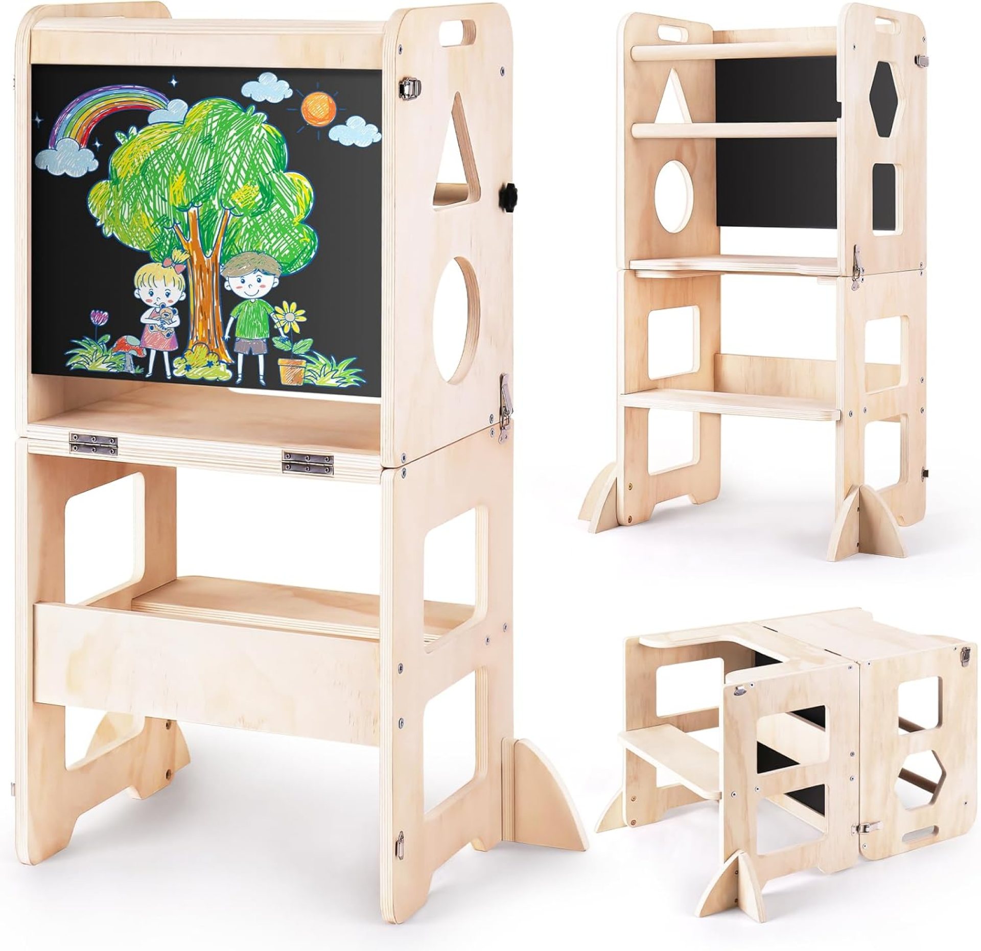 4-in-1 Toddler Kitchen Step Stool, Foldable Learning Standing Tower with Blackboard, Wooden Kitchen Stool Helper for Kids, 1-3 Year Old Boy Girl Gifts 4-in-1 Toddler Kitchen Step Stool, Foldable Learning Standing Tower with Blackboard, Wooden Kitchen Stool Helper for Kids, 1-3 Year Old Boy Girl Gifts