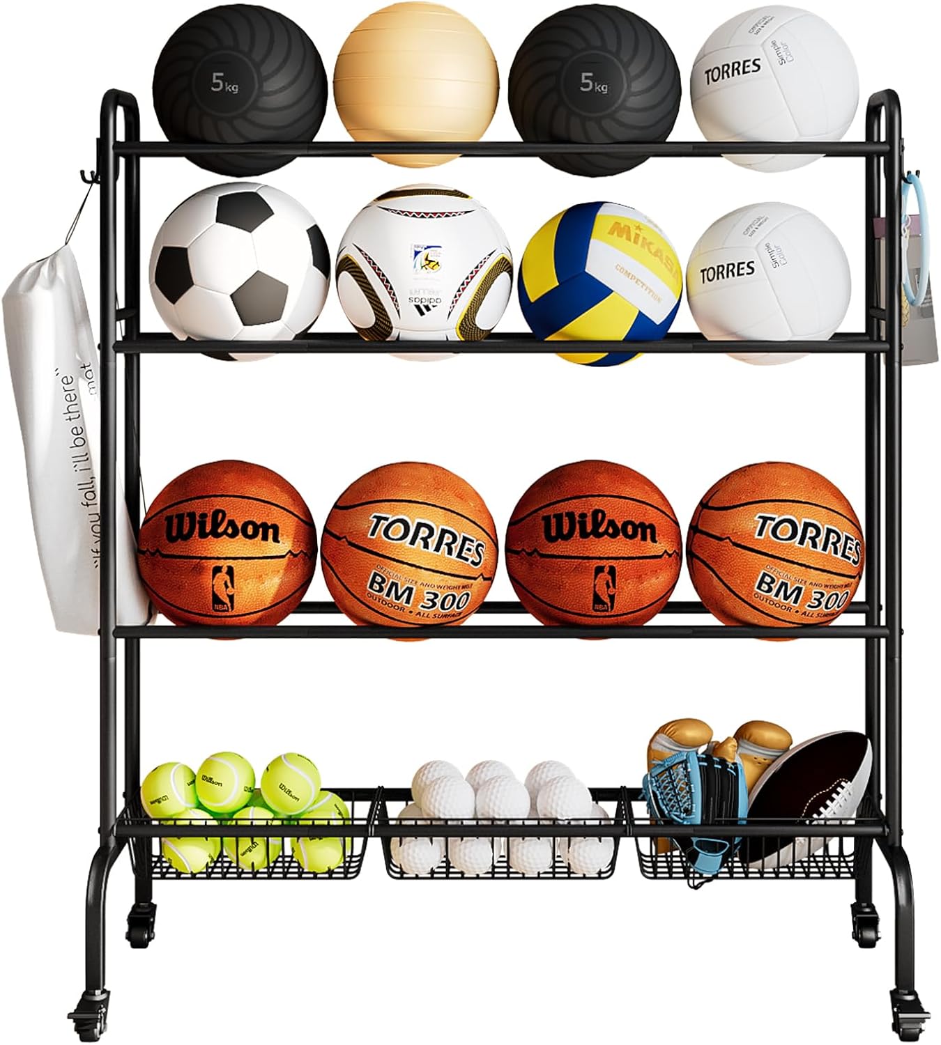 Basketball Rack, Rolling Ball Stand,Garage Organization with Wheels, Four-Layer Sports Equipment Storage with Baskets for Basketballs Footballs Volleyball,Black Basketball Rack, Rolling Ball Stand,Garage Organization with Wheels, Four-Layer Sports Equipment Storage with Baskets for Basketballs Footballs Volleyball,Black