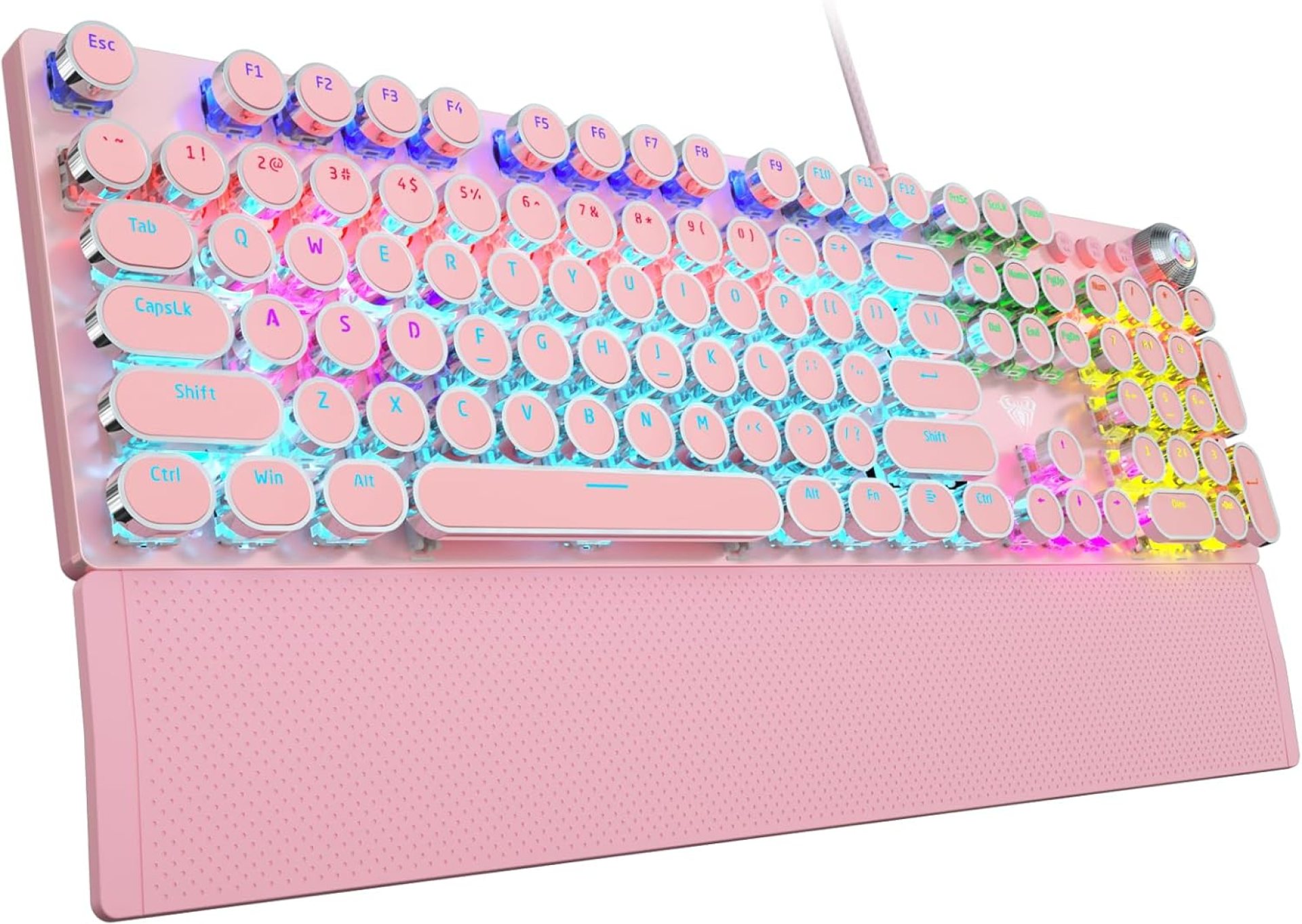 AULA F2088 Typewriter Style Mechanical Gaming Keyboard,Rainbow LED Backlit,Removable Wrist Rest,Media Control Knob,Retro Punk Round Keycaps,USB Wired Computer Keyboard,Pink AULA F2088 Typewriter Style Mechanical Gaming Keyboard,Rainbow LED Backlit,Removable Wrist Rest,Media Control Knob,Retro Punk Round Keycaps,USB Wired Computer Keyboard,Pink