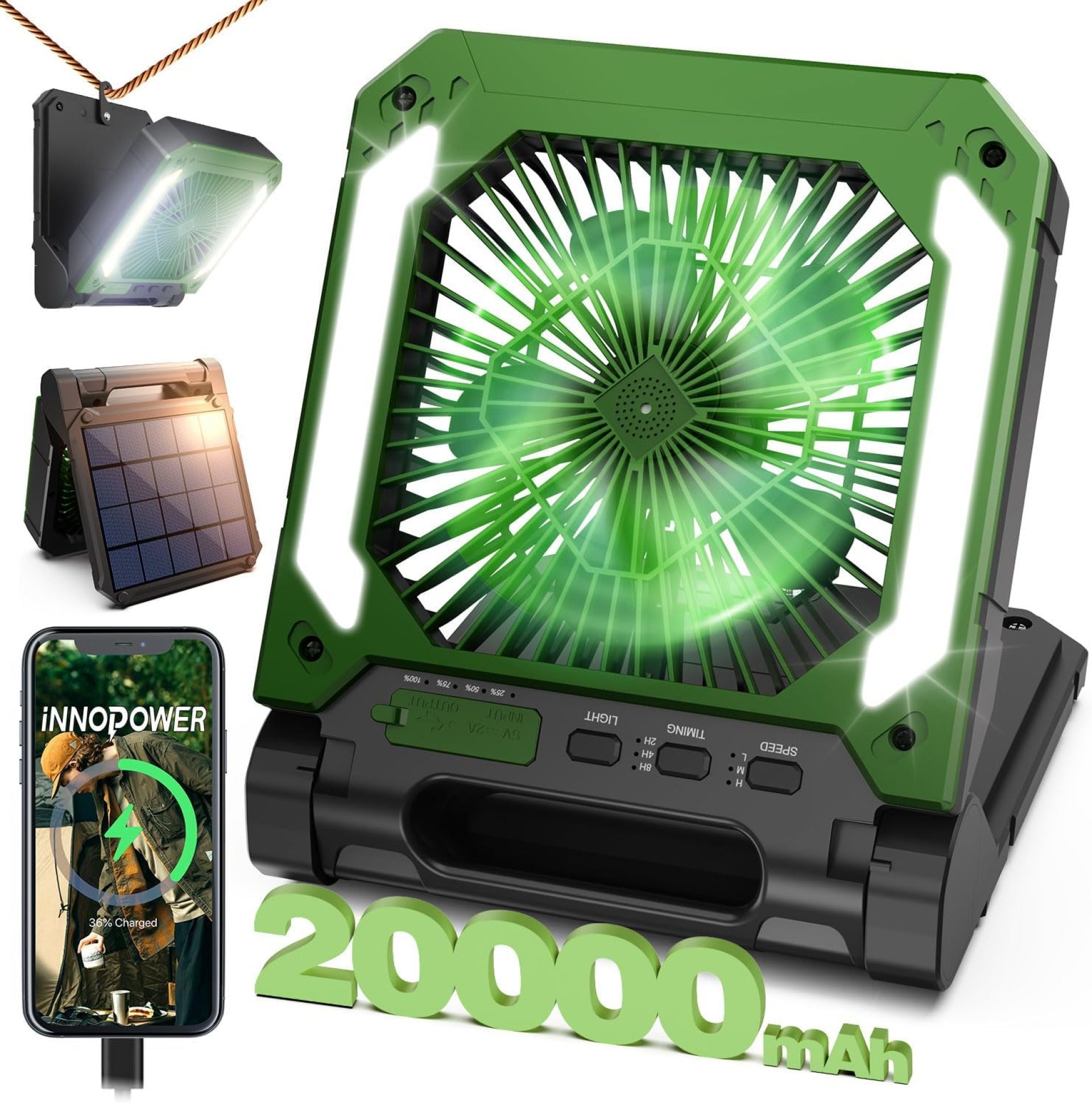 20000mAh Rechargeable Solar Camping Fan with Led Lantern, 3 Adjustable Speeds Cordless Battery Powered Portable Fan,Timer & Hanging Hook, Quiet USB-C Desk Fan for Tent Hurricane Worksite (Green) 20000mAh Rechargeable Solar Camping Fan with Led Lantern, 3 Adjustable Speeds Cordless Battery Powered Portable Fan,Timer & Hanging Hook, Quiet USB-C Desk Fan for Tent Hurricane Worksite (Green)