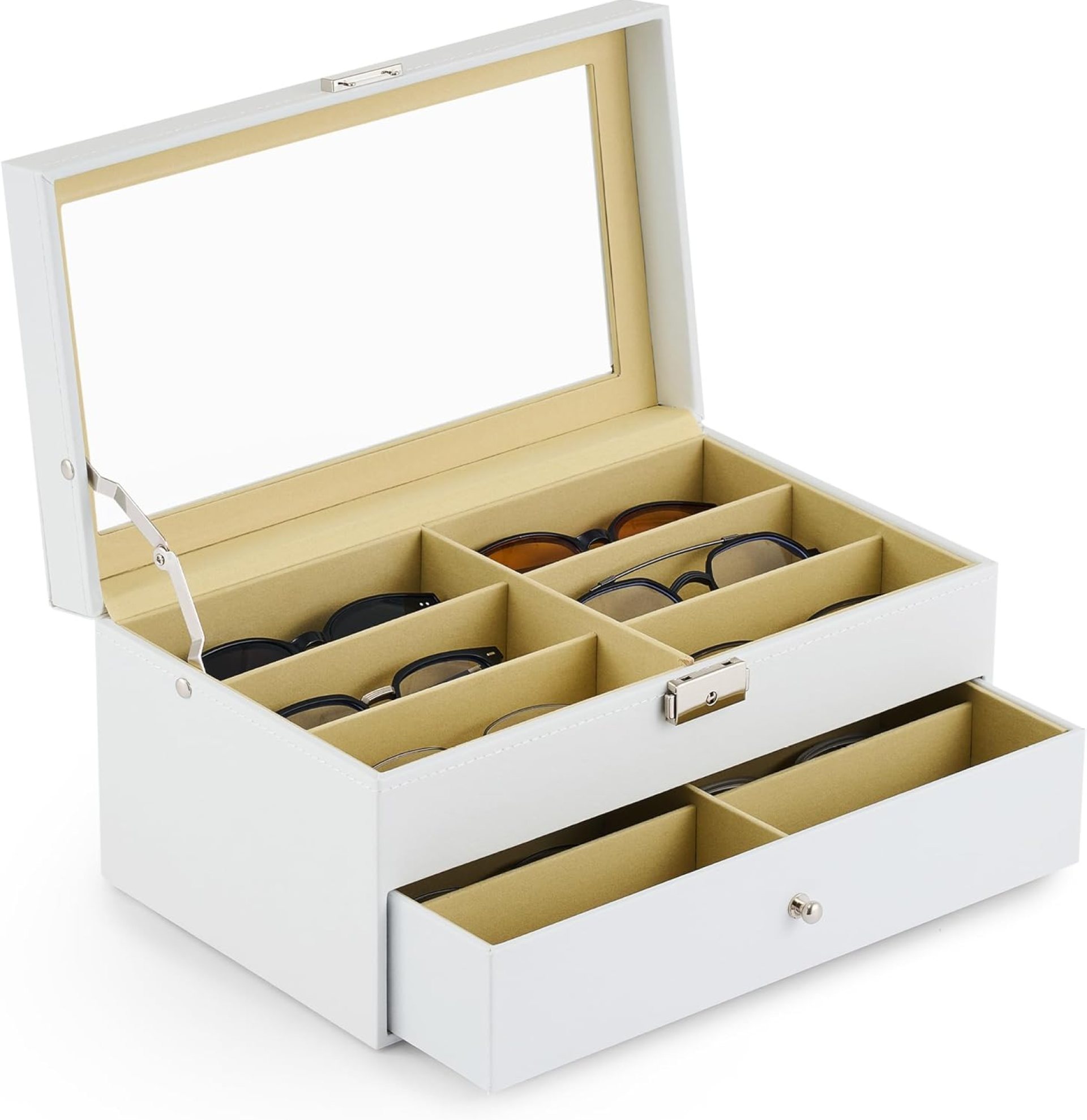 CO-Z Sunglasses Organizer with 12 Slots, Leather Eyeglasses Storage Box for Women Men, 2 Story Lockable Display Case for Multiple Glasses, Sunglasses Jewelry Collection Holder with Drawer, White CO-Z Sunglasses Organizer with 12 Slots, Leather Eyeglasses Storage Box for Women Men, 2 Story Lockable Display Case for Multiple Glasses, Sunglasses Jewelry Collection Holder with Drawer, White