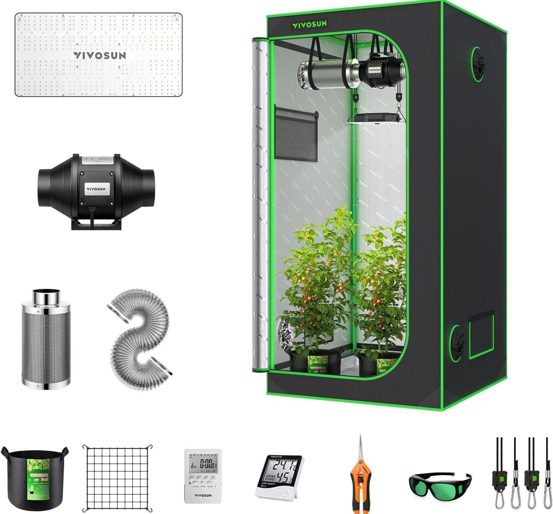VIVOSUN GIY 3×3 Grow Tent Complete System, 3×3 ft. Grow Tent Kit Complete with 4-inch Inline Fan Package, VS2000 LED Grow Light, Temperature Humidity Monitor, Netting, Grow Bags, Pruning Shear & Timer VIVOSUN GIY 3×3 Grow Tent Complete System, 3×3 ft. Grow Tent Kit Complete with 4-inch Inline Fan Package, VS2000 LED Grow Light, Temperature Humidity Monitor, Netting, Grow Bags, Pruning Shear & Timer