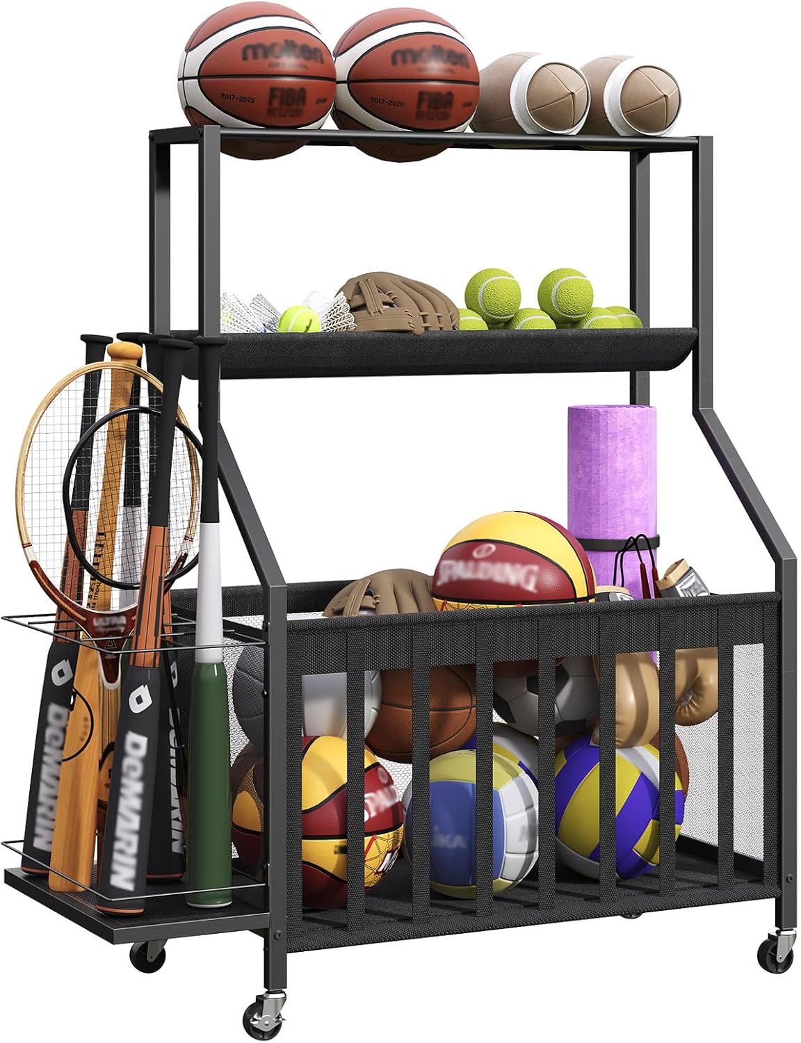 Sports Equipment Storage for Garage, Sports Equipment Organizer, Rolling Sports Ball Storage Cart, Garage Storage with Basket, Ball Holder for Baseballs, Basketballs, Black BEHB17101 Sports Equipment Storage for Garage, Sports Equipment Organizer, Rolling Sports Ball Storage Cart, Garage Storage with Basket, Ball Holder for Baseballs, Basketballs, Black BEHB17101
