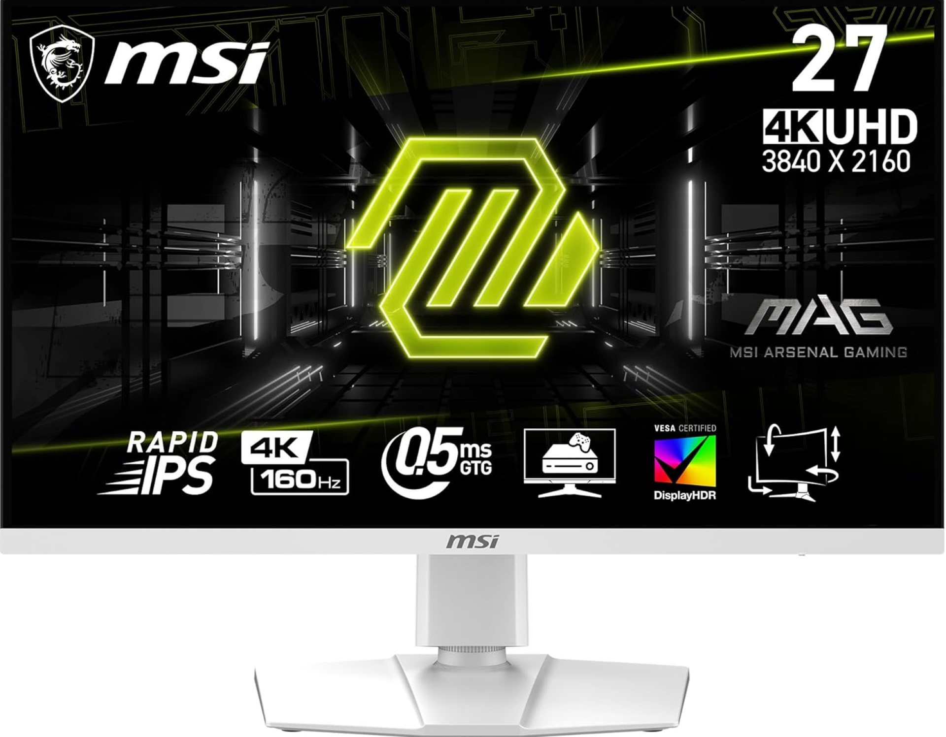 MSI MAG 274URFW 27-inch 4K Gaming Monitor, 3840 x 2160 (UHD), 0.5ms Response Time, 160Hz, HDR 400, HDMI, DP Port, Tilt and Height Adjustable MSI MAG 274URFW 27-inch 4K Gaming Monitor, 3840 x 2160 (UHD), 0.5ms Response Time, 160Hz, HDR 400, HDMI, DP Port, Tilt and Height Adjustable