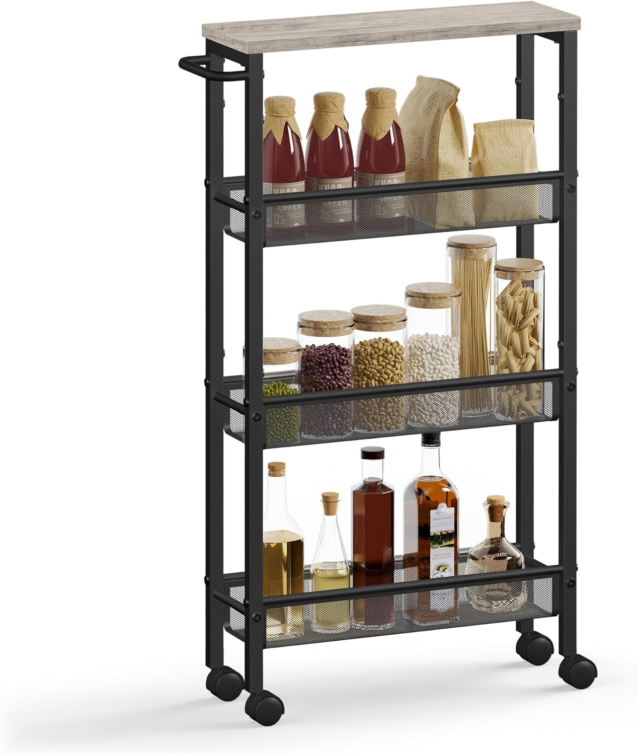 VASAGLE Slim Rolling Cart, 4-Tier Storage Cart, Narrow Cart with Handle, 5.1 Inches Deep, Metal Frame, for Kitchen, Dining Room, Living Room, Home Office, Heather Greige and Classic Black ULRC032K01 VASAGLE Slim Rolling Cart, 4-Tier Storage Cart, Narrow Cart with Handle, 5.1 Inches Deep, Metal Frame, for Kitchen, Dining Room, Living Room, Home Office, Heather Greige and Classic Black ULRC032K01