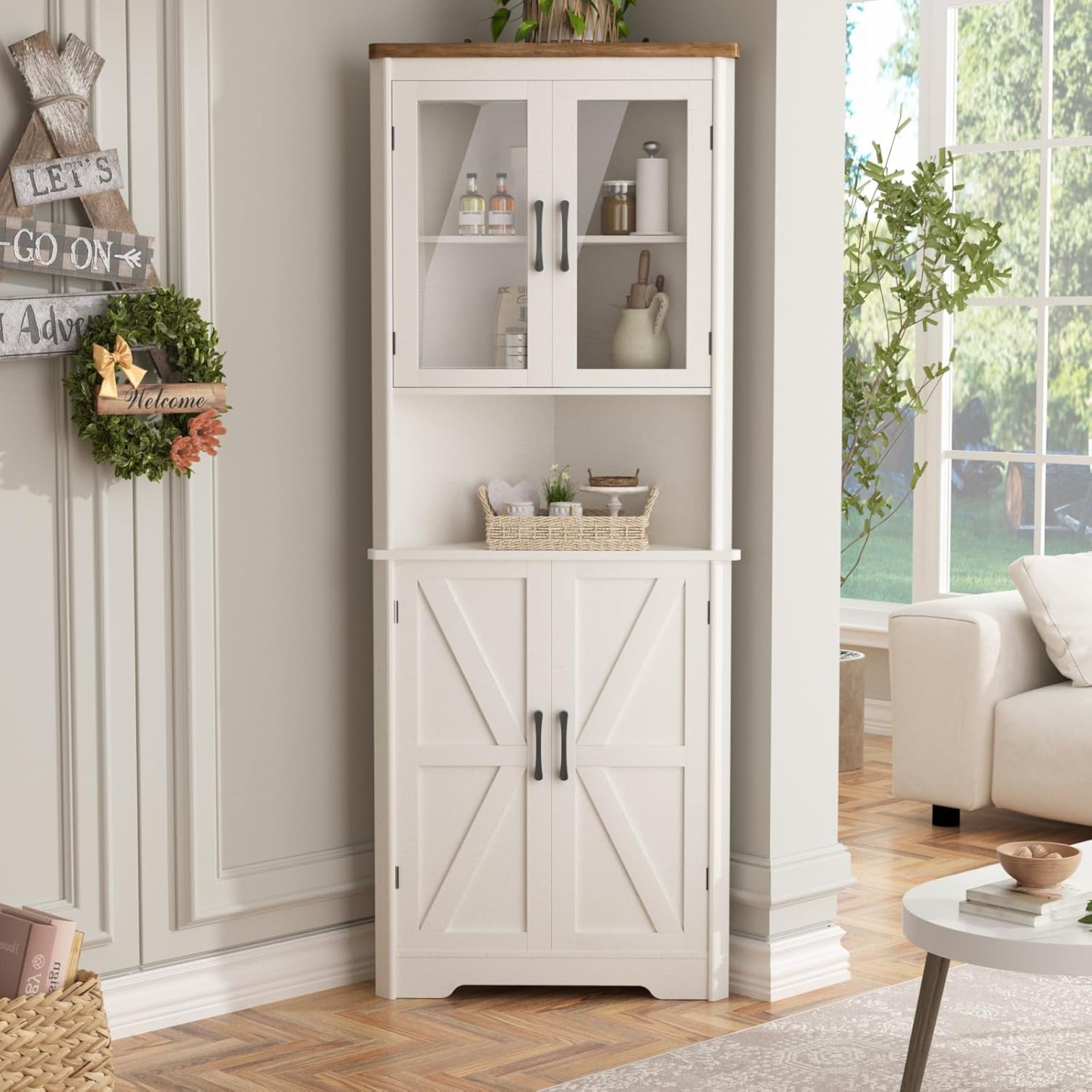 67”H Tall Corner Cabinet with 4 Tempered Glass Doors and Barn Doors, Farmhouse Storage Cabinet with 5 Adjustable Shelves, Home Pantry Hutch for Kitchen, Dining Living Room, Bathroom, Antique White 67”H Tall Corner Cabinet with 4 Tempered Glass Doors and Barn Doors, Farmhouse Storage Cabinet with 5 Adjustable Shelves, Home Pantry Hutch for Kitchen, Dining Living Room, Bathroom, Antique White