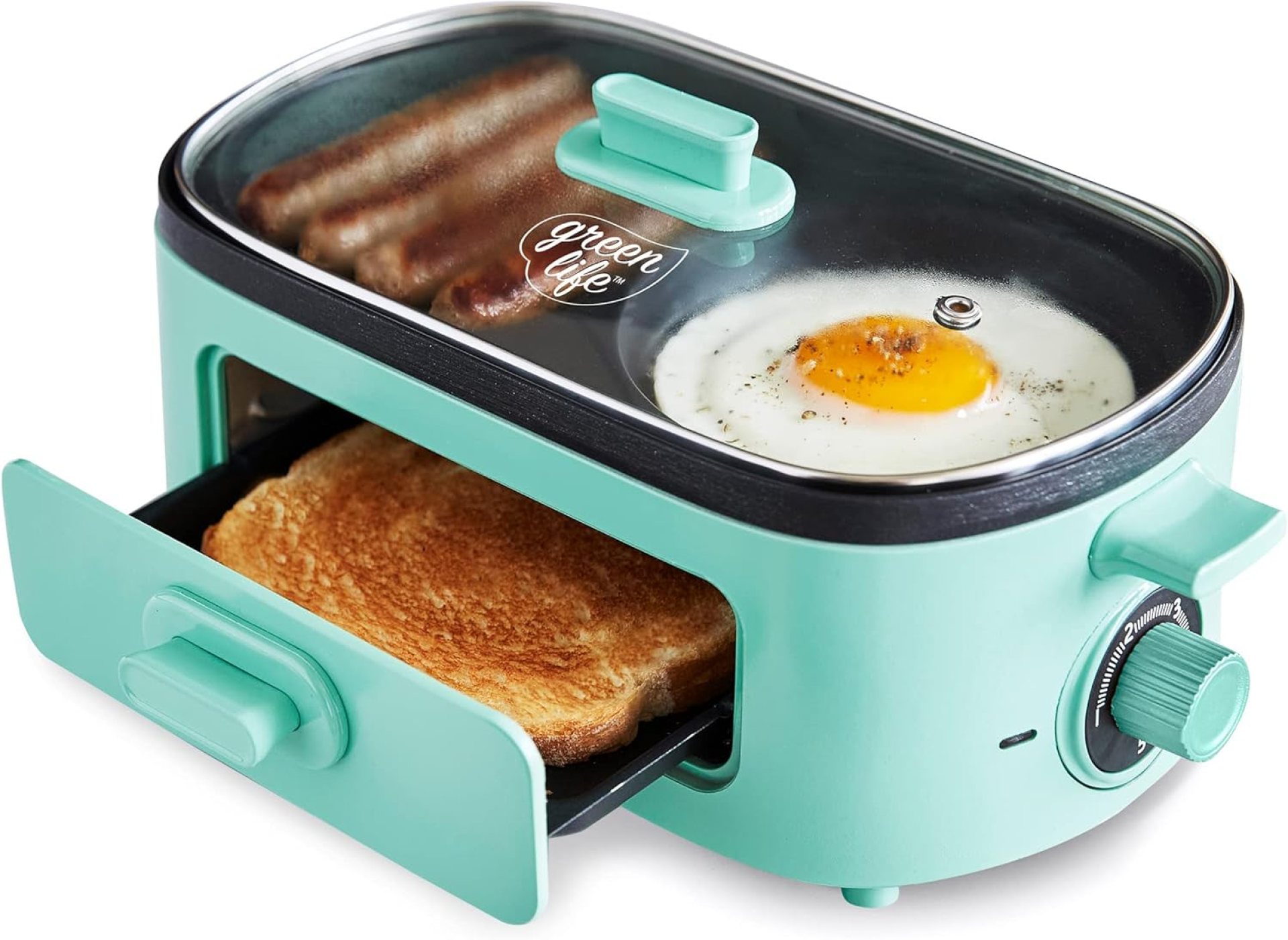 GreenLife 3-in-1 Breakfast Maker Station, Healthy Ceramic Nonstick Dual Griddles for Eggs Meat Sausage Bacon Pancakes and Breakfast Sandwiches, 2 Slice Toast Drawer, Easy-to-use Timer, Turquoise GreenLife 3-in-1 Breakfast Maker Station, Healthy Ceramic Nonstick Dual Griddles for Eggs Meat Sausage Bacon Pancakes and Breakfast Sandwiches, 2 Slice Toast Drawer, Easy-to-use Timer, Turquoise
