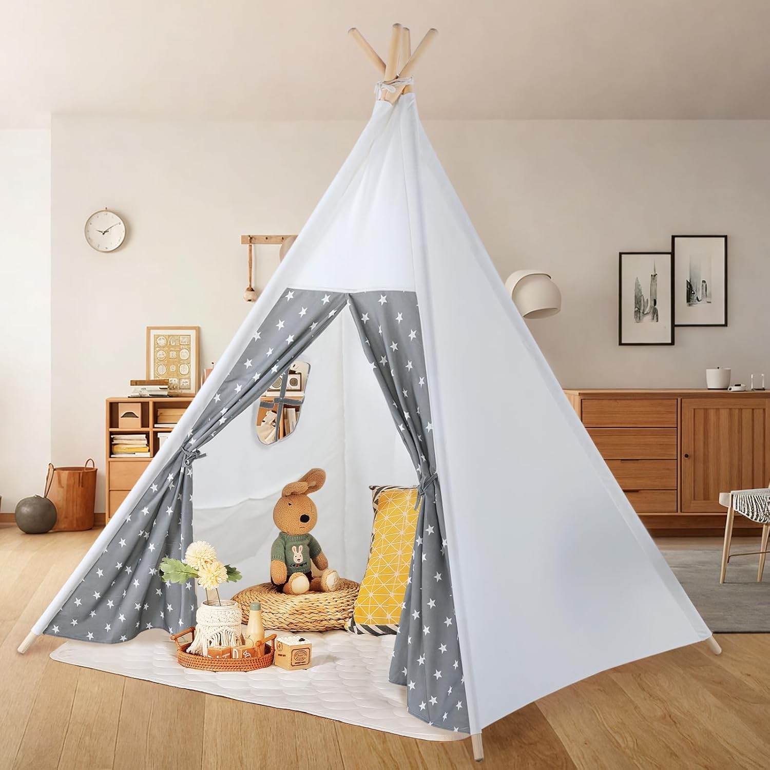 Teepee Tent for Kids Slumber Party with Mat & Light & Carry Case – Kids Cotton Canvas Play Tee Pee Tent Indoor Outdoor Folding for Boys and Girls Gift – Tipi Play House Garden Picnic Tents Child Teepee Tent for Kids Slumber Party with Mat & Light & Carry Case – Kids Cotton Canvas Play Tee Pee Tent Indoor Outdoor Folding for Boys and Girls Gift – Tipi Play House Garden Picnic Tents Child