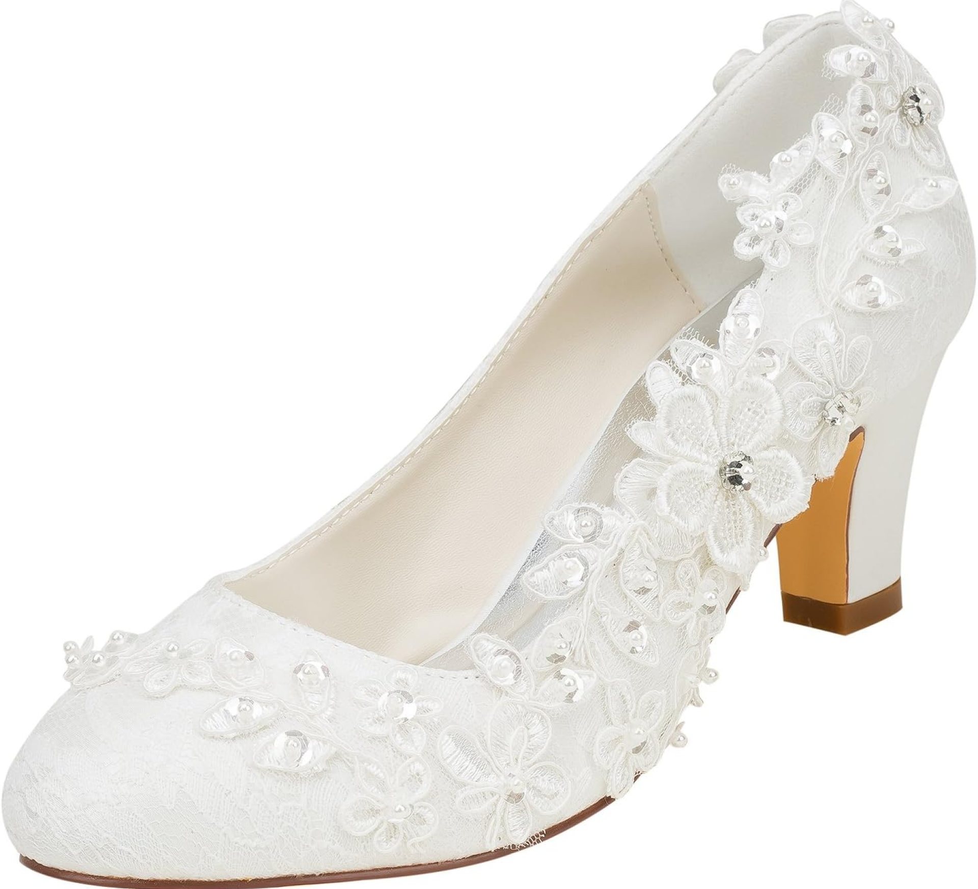 Emily Bridal Wedding Shoes Women’s Silk Like Satin Chunky Heel Pumps with Stitching Lace Flower Crystal Pearl Emily Bridal Wedding Shoes Women’s Silk Like Satin Chunky Heel Pumps with Stitching Lace Flower Crystal Pearl