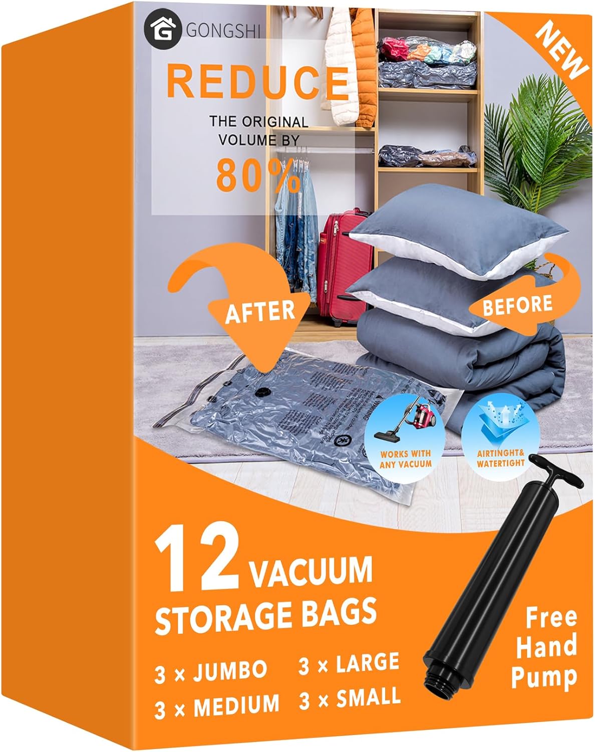 12 Pack Vacuum Storage Bags (3 x Jumbo, 3 x Large, 3 x Medium, 3 x Small), Space Saver Sealer Compression Bags with Travel Hand Pump for Blankets, Comforters, Pillows, Clothes Storage 12 Pack Vacuum Storage Bags (3 x Jumbo, 3 x Large, 3 x Medium, 3 x Small), Space Saver Sealer Compression Bags with Travel Hand Pump for Blankets, Comforters, Pillows, Clothes Storage
