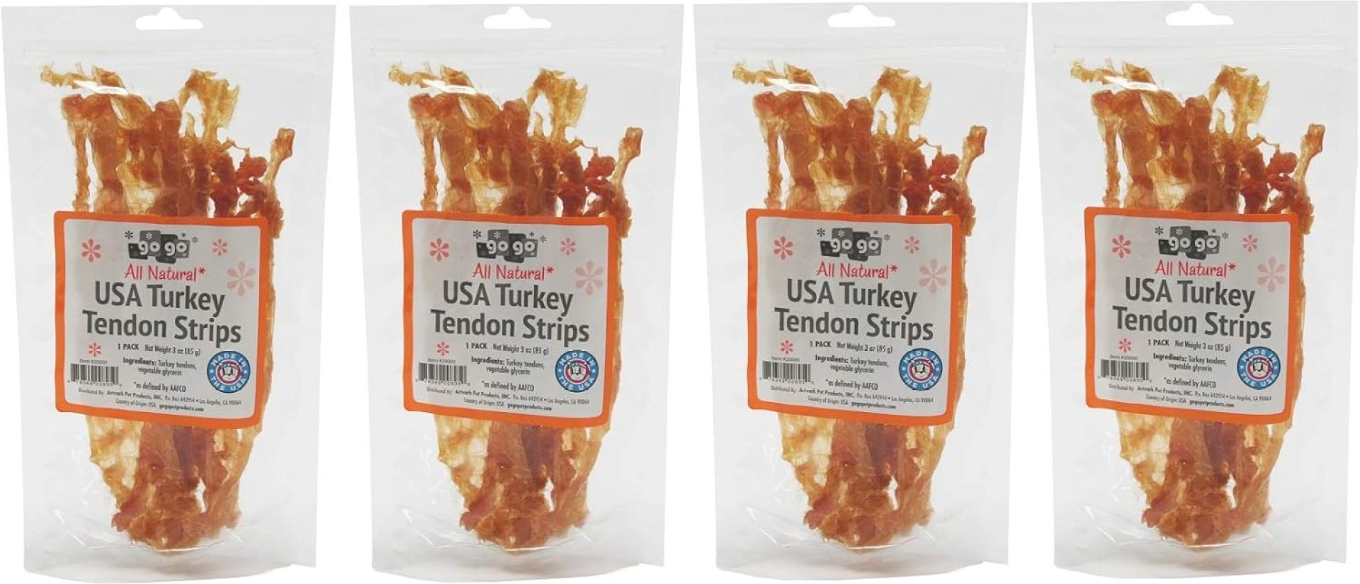 GOGO 3oz Turkey Tendon Strips Dog Chew Treats Sources and Made in The USA (4 Pack) GOGO 3oz Turkey Tendon Strips Dog Chew Treats Sources and Made in The USA (4 Pack)