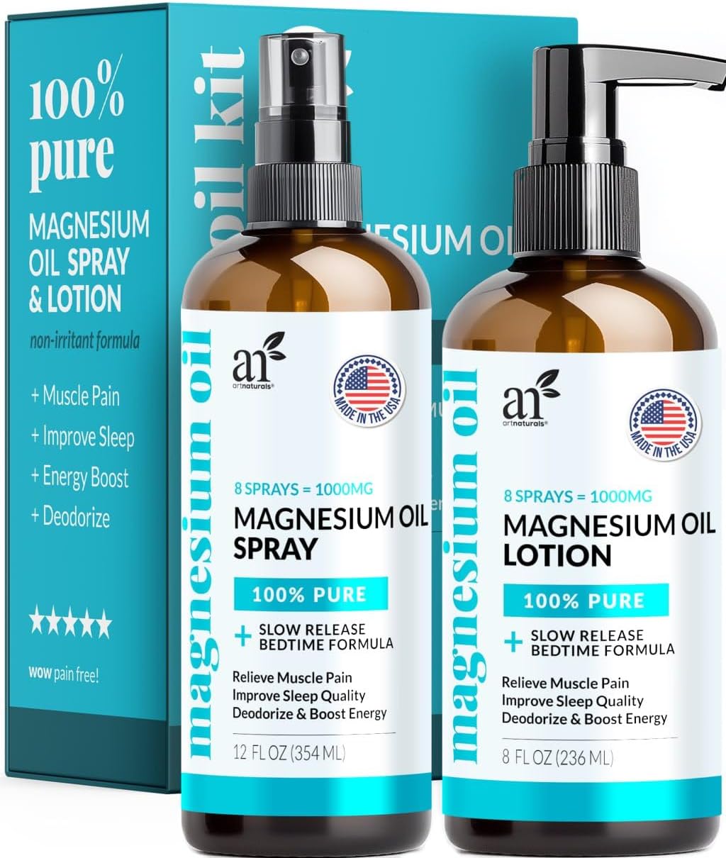 ArtNaturals Magnesium Oil Spray 12 oz + Body Massage Lotion Set 8oz for Feet, Pain & Sleep – Extra Strength Cream Ultra-Pure, Relief & Relaxation, Muscle Health Leg & Joint Care Topical Non Itch ArtNaturals Magnesium Oil Spray 12 oz + Body Massage Lotion Set 8oz for Feet, Pain & Sleep – Extra Strength Cream Ultra-Pure, Relief & Relaxation, Muscle Health Leg & Joint Care Topical Non Itch