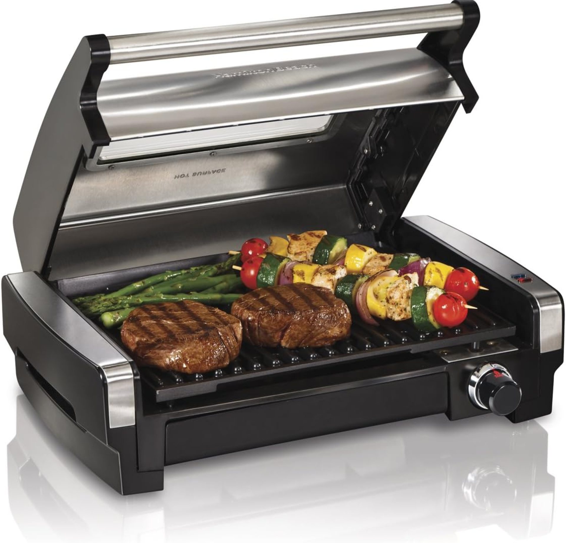 Hamilton Beach Electric Indoor Searing Grill with Viewing Window & Adjustable Temperature Control to 450F, 118 sq. in. Surface Serves 6, PFAS-Free Removable Nonstick Grate, Stainless Steel Hamilton Beach Electric Indoor Searing Grill with Viewing Window & Adjustable Temperature Control to 450F, 118 sq. in. Surface Serves 6, PFAS-Free Removable Nonstick Grate, Stainless Steel