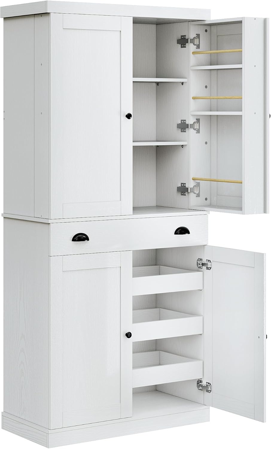 IRONCK Kitchen Pantry Cabinet 72″ Height, Freestanding Cupboard with Drawer, Sliding Storage Rack, and 6 Hanging Shelves for Dining Room, Laundry, White IRONCK Kitchen Pantry Cabinet 72″ Height, Freestanding Cupboard with Drawer, Sliding Storage Rack, and 6 Hanging Shelves for Dining Room, Laundry, White