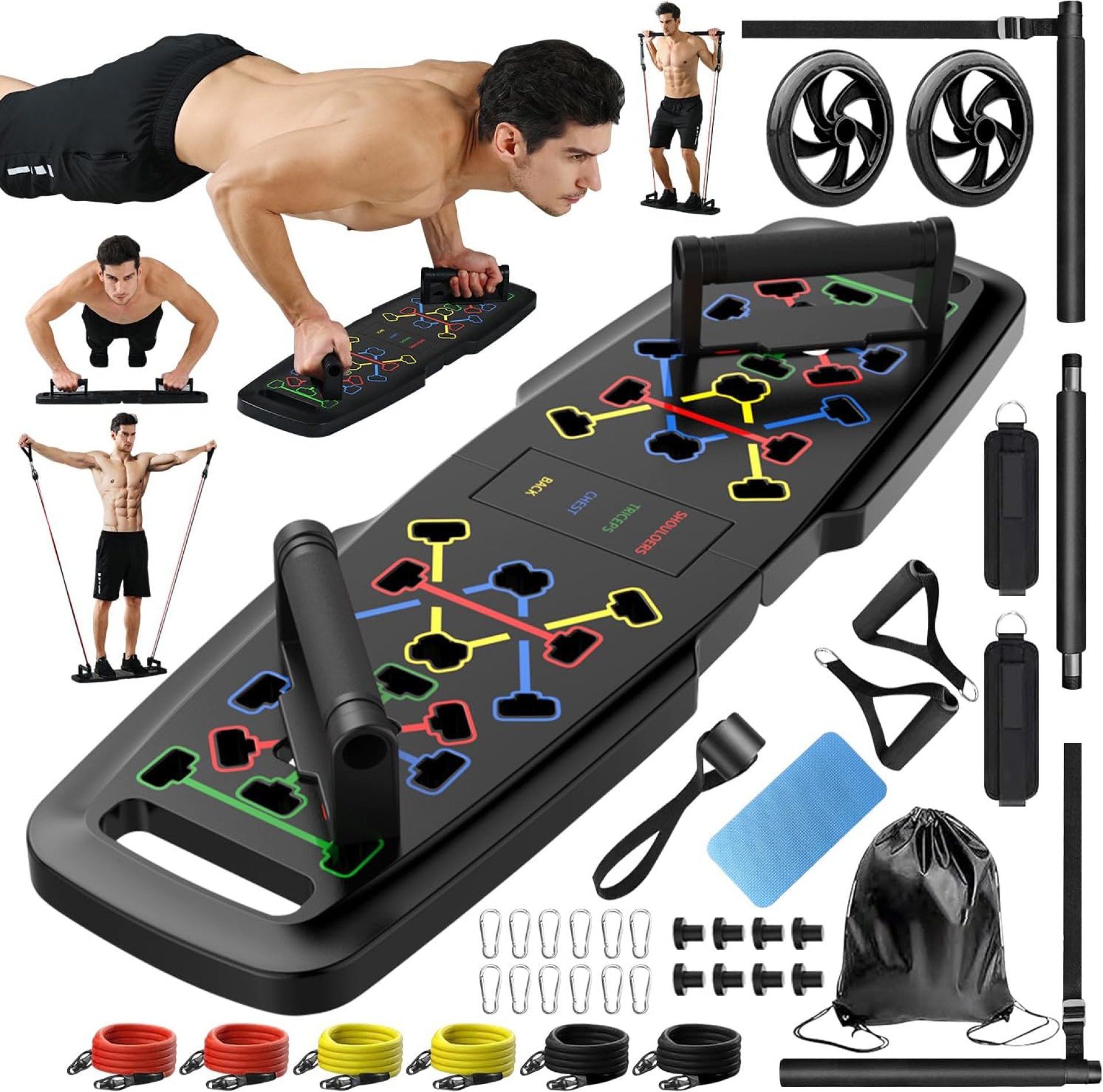 Push Up Board,Home Gym,Portable Exercise Equipment,Pilates Bar and 20 Fitness Accessories with Resistance Bands and Ab Roller Wheel,Full Body Workout at Home Push Up Board,Home Gym,Portable Exercise Equipment,Pilates Bar and 20 Fitness Accessories with Resistance Bands and Ab Roller Wheel,Full Body Workout at Home