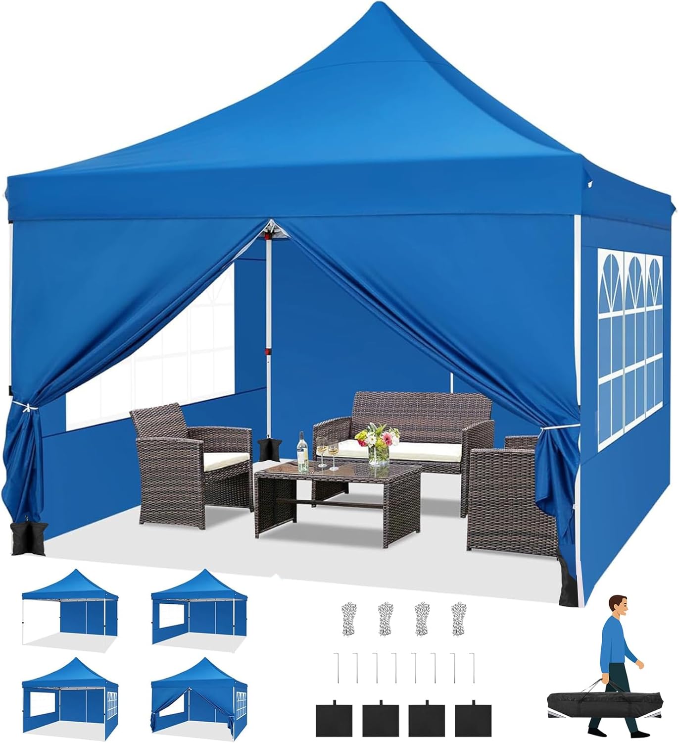 COBIZI Canopy 10×10 Pop Up Canopy Tent with 4 Sidewalls, Commercial Party Tent Ez Waterproof Outdoor Instant Gazebo UV 50+ Event Shelter, Garden Tents for Parties Camping with Sandbags,Blue COBIZI Canopy 10×10 Pop Up Canopy Tent with 4 Sidewalls, Commercial Party Tent Ez Waterproof Outdoor Instant Gazebo UV 50+ Event Shelter, Garden Tents for Parties Camping with Sandbags,Blue