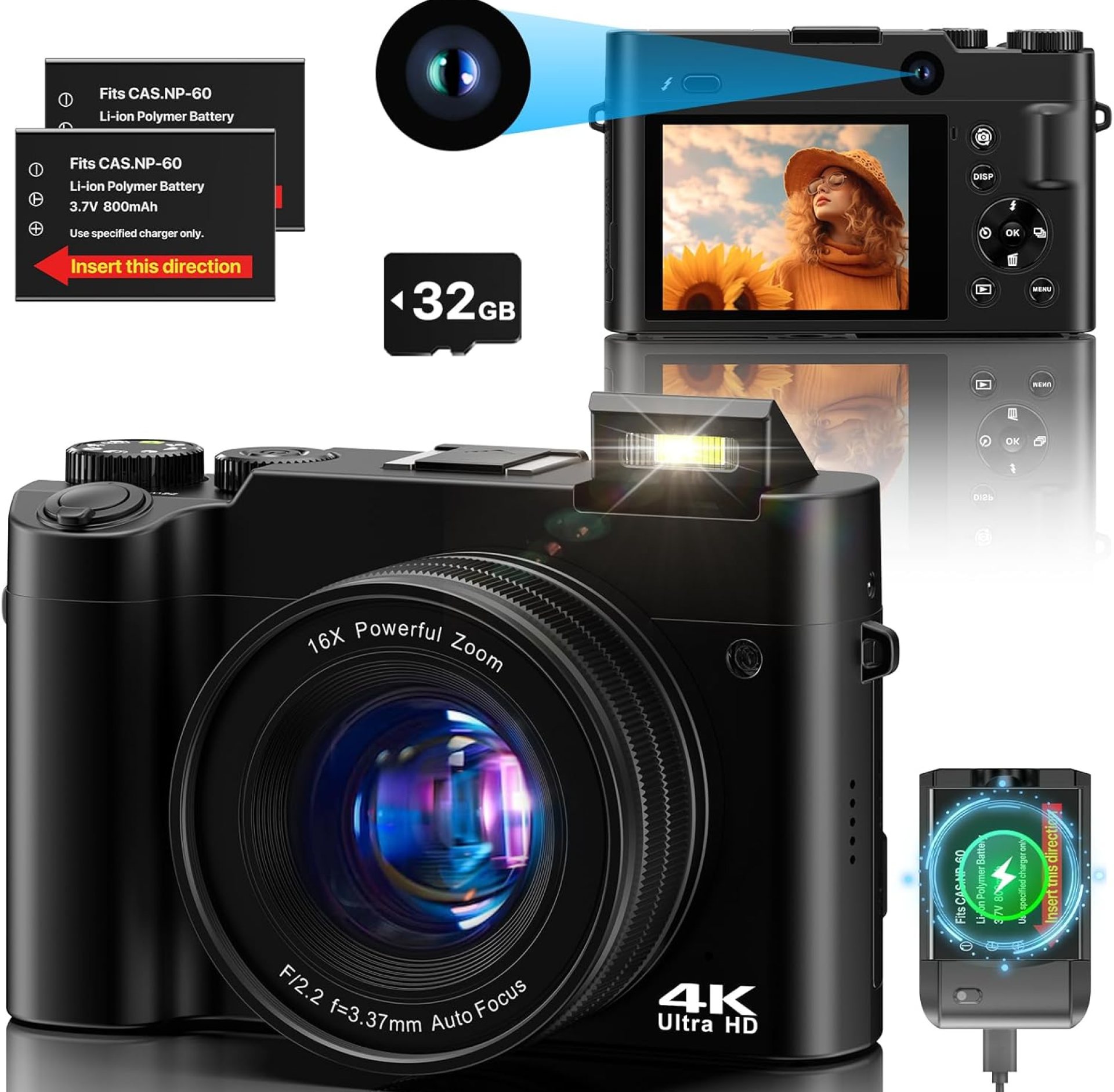 4K Digital Camera, 64MP Dual Cameras for Photography Autofocus Anti-Shake, Video Vlogging Camera for YouTube, Compact Travel Camera with 32GB SD Card, 16X Digital Zoom, Flashlight, 2 Batteries+Charger 4K Digital Camera, 64MP Dual Cameras for Photography Autofocus Anti-Shake, Video Vlogging Camera for YouTube, Compact Travel Camera with 32GB SD Card, 16X Digital Zoom, Flashlight, 2 Batteries+Charger