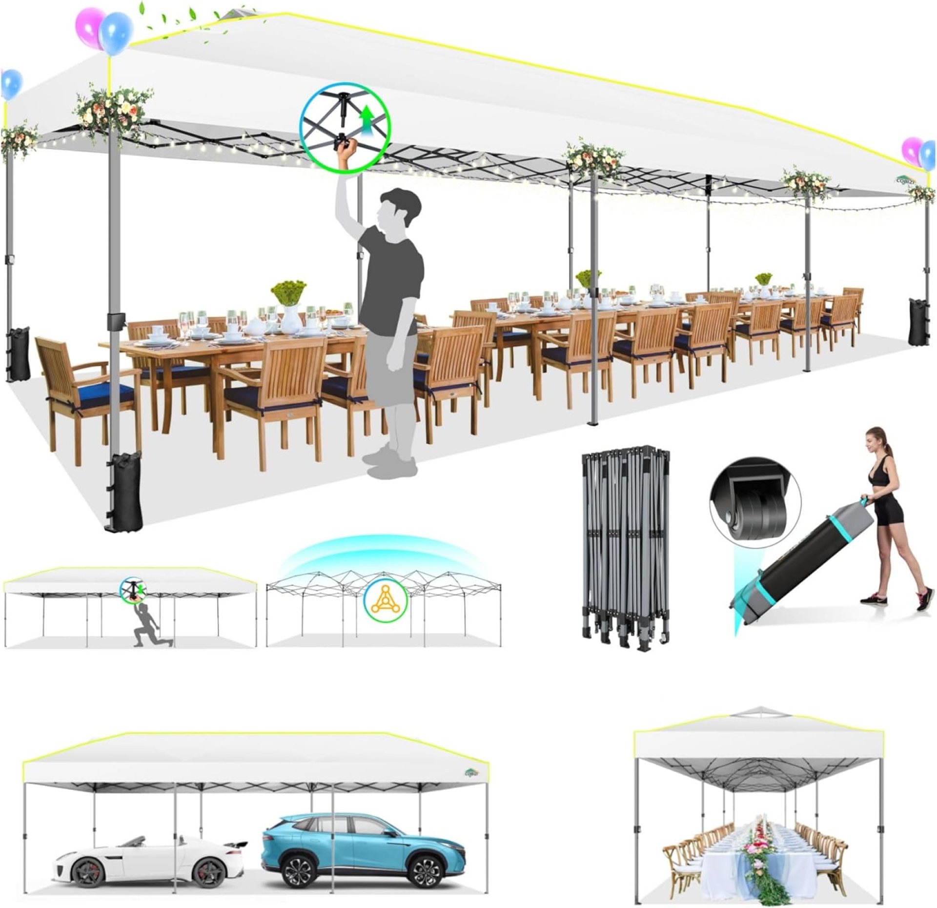 COBIZI 10×30 Pop Up Canopy Tent with Air Vent EZ Pop Up Party 10×30 Canopy Tent Waterproof and UPF50+,Outdoor Canopy Tent for Parties Wedding Events,with Roller Bag, Sandbags(White COBIZI 10×30 Pop Up Canopy Tent with Air Vent EZ Pop Up Party 10×30 Canopy Tent Waterproof and UPF50+,Outdoor Canopy Tent for Parties Wedding Events,with Roller Bag, Sandbags(White