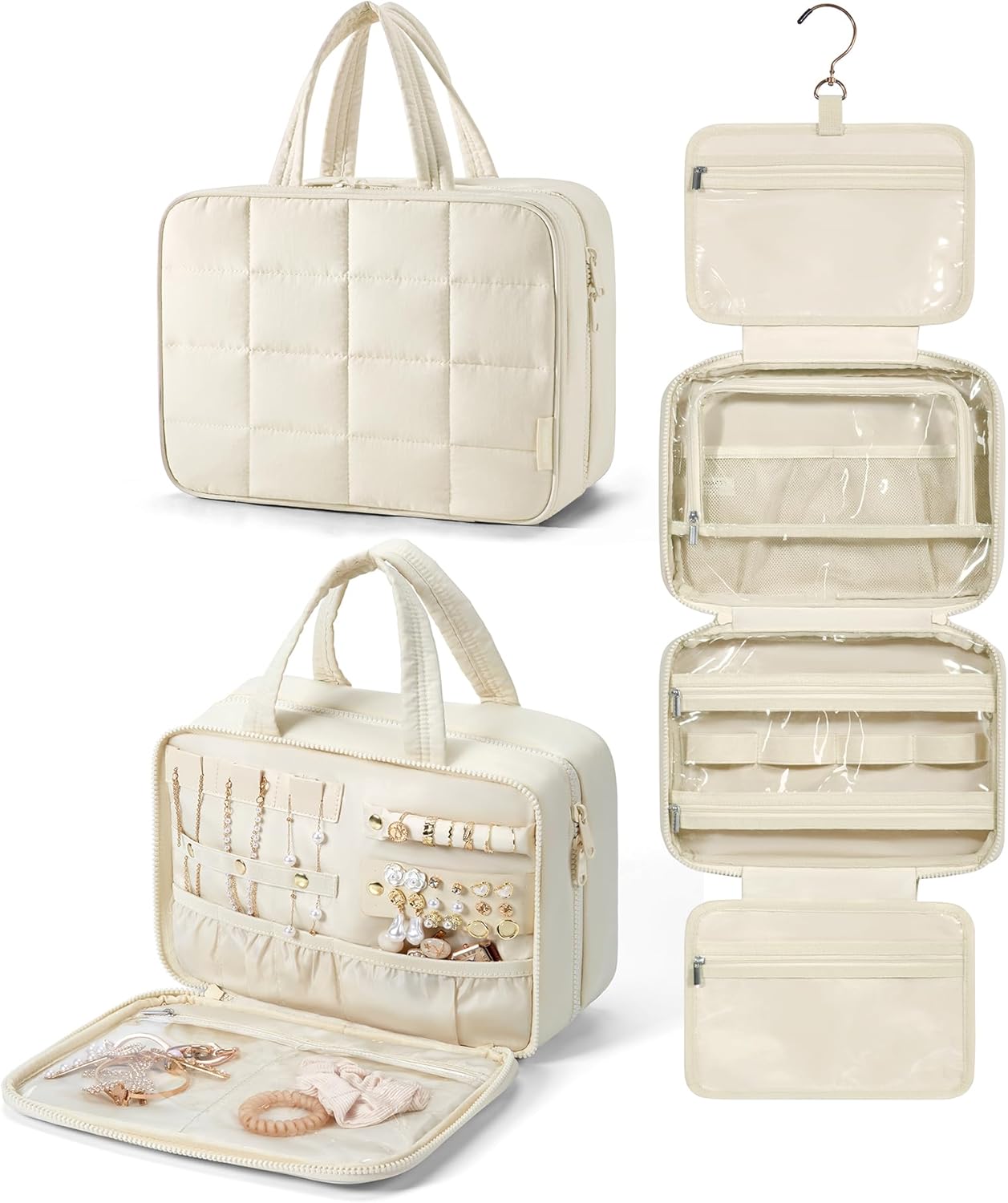 BAGSMART Travel Toiletry Bag with Jewelry Organizer, Hanging Travel Bag for Toiletries, Puffy Makeup Cosmetic Bag Organizer, Carry-on Travel Accessories Essentials, Beige-M BAGSMART Travel Toiletry Bag with Jewelry Organizer, Hanging Travel Bag for Toiletries, Puffy Makeup Cosmetic Bag Organizer, Carry-on Travel Accessories Essentials, Beige-M