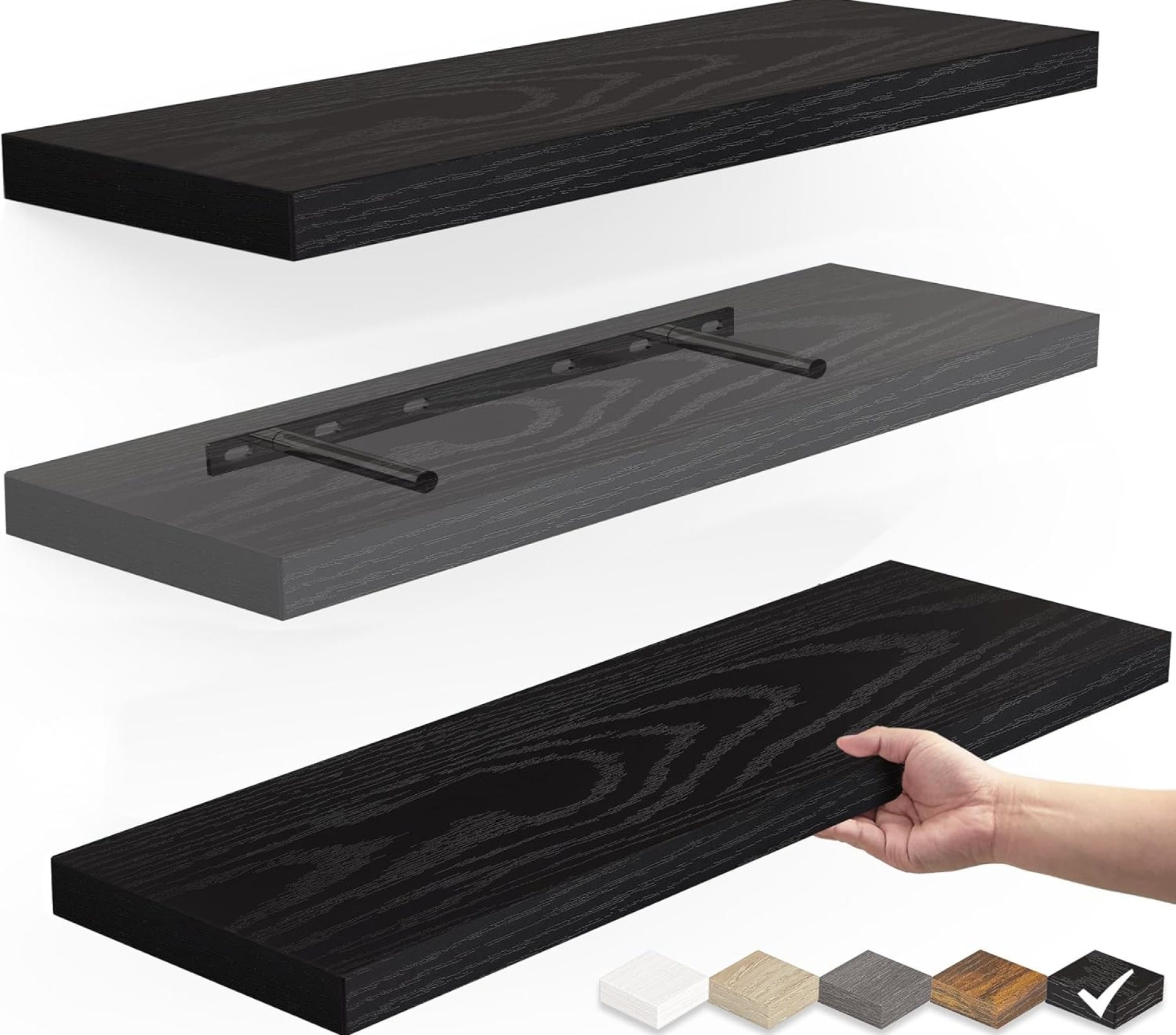 BAYKA Floating Shelves for Wall, Wall Mounted Rustic Wood Shelves for Bathroom, Bedroom, Living Room, Kitchen, Hanging Shelf for Books/Storage/Room Decor with 22lbs Capacity (Black, Set of 3, 15.7in) BAYKA Floating Shelves for Wall, Wall Mounted Rustic Wood Shelves for Bathroom, Bedroom, Living Room, Kitchen, Hanging Shelf for Books/Storage/Room Decor with 22lbs Capacity (Black, Set of 3, 15.7in)