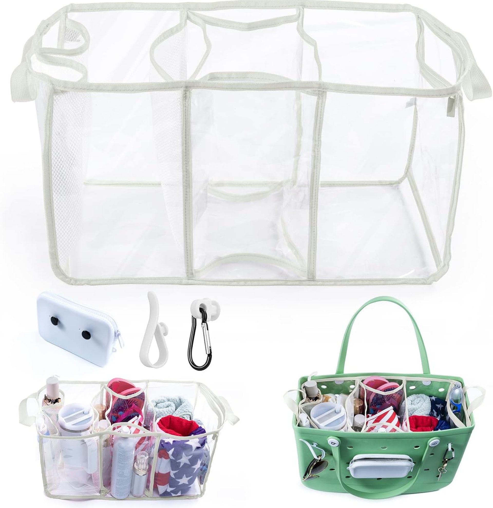 AMOIGEE Clear Beach Bag Organizer Insert with 3pcs Accessories Compatible with Bogg Bag (Large), Beach Tote Divider with Sunglasses Holder, Phone Holder and Clips Hooks AMOIGEE Clear Beach Bag Organizer Insert with 3pcs Accessories Compatible with Bogg Bag (Large), Beach Tote Divider with Sunglasses Holder, Phone Holder and Clips Hooks