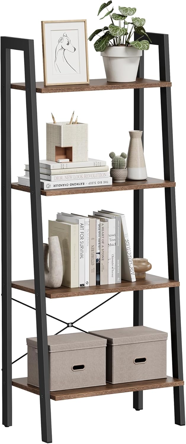 VASAGLE Ladder Shelf, 4-Tier Bookshelf, Storage Rack, Bookcase with Steel Frame, for Living Room, Home Office, Kitchen, Bedroom, Industrial Style, Hazelnut Brown and Ink Black ULLS044B03 VASAGLE Ladder Shelf, 4-Tier Bookshelf, Storage Rack, Bookcase with Steel Frame, for Living Room, Home Office, Kitchen, Bedroom, Industrial Style, Hazelnut Brown and Ink Black ULLS044B03
