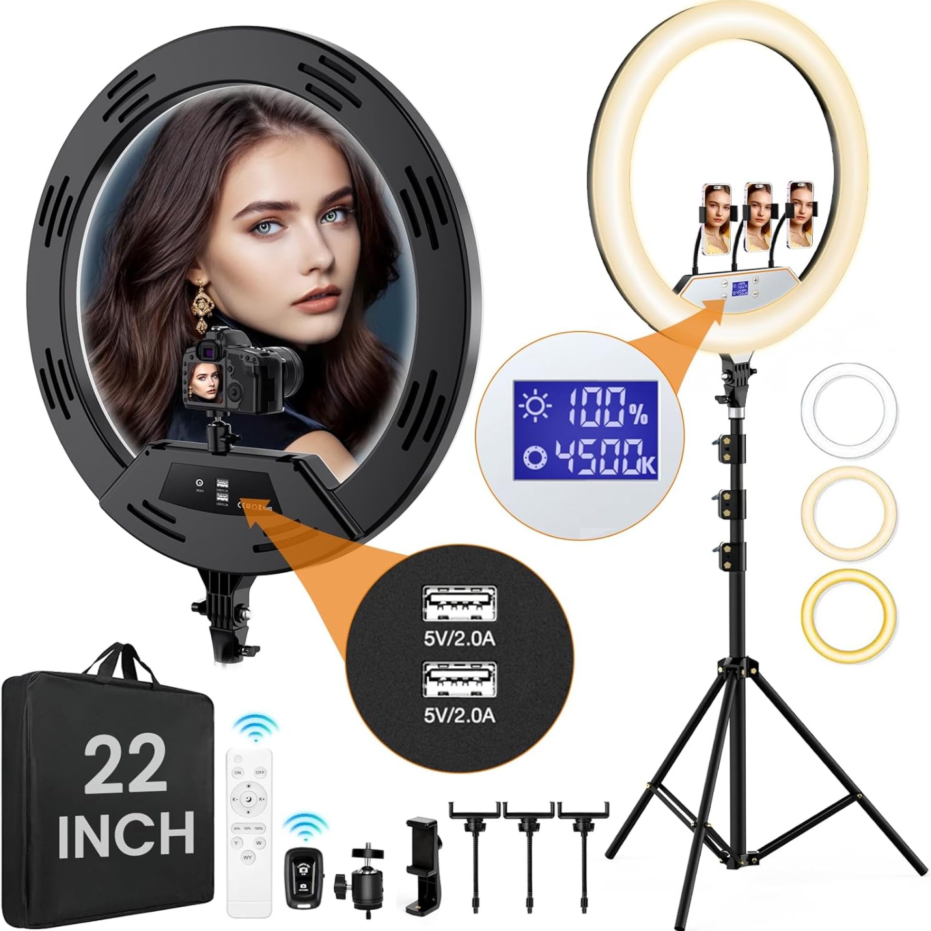 22in Large Ring Light with Stand,512pcs Bulbs Big Ring Light with 75″ Tripod for iPhone/LED Display/4 Clips/2 USB Ports,2600K-6500K Dimmable Barber Light,for TikTok Video Recording Tattoo Lash Makeup 22in Large Ring Light with Stand,512pcs Bulbs Big Ring Light with 75″ Tripod for iPhone/LED Display/4 Clips/2 USB Ports,2600K-6500K Dimmable Barber Light,for TikTok Video Recording Tattoo Lash Makeup