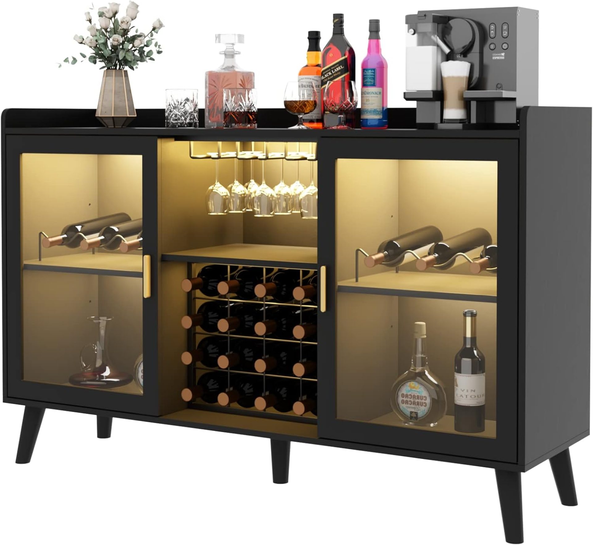Wine Bar Cabinet with Led Light, Home Coffee Cabinet with Wine and Glass Rack, Kitchen Buffet Sideboard with Storage Shelves, Freestanding Liquor Cabinet for Living Room, Dining Room (Black) Wine Bar Cabinet with Led Light, Home Coffee Cabinet with Wine and Glass Rack, Kitchen Buffet Sideboard with Storage Shelves, Freestanding Liquor Cabinet for Living Room, Dining Room (Black)