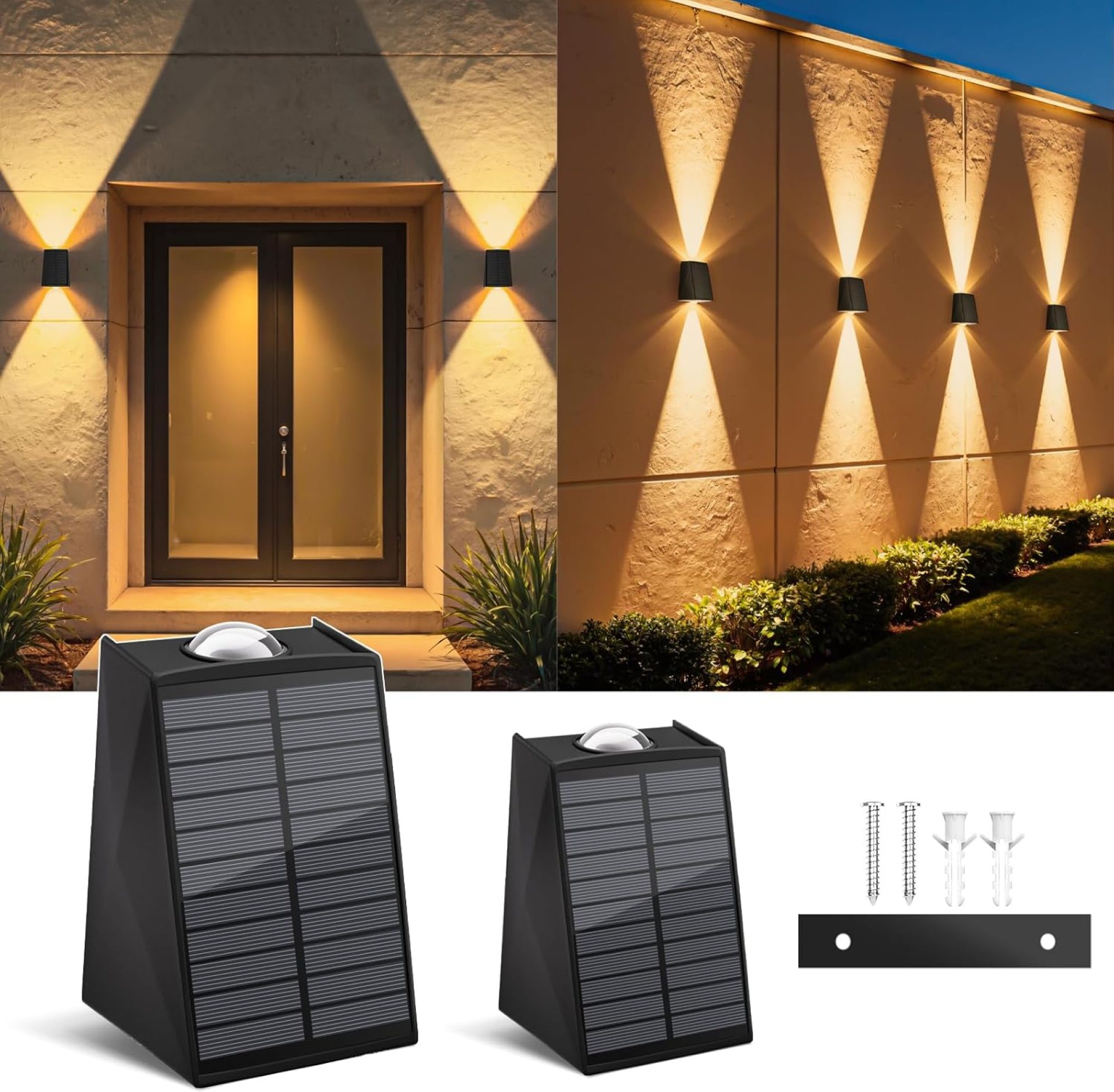 2 Pack Solar Wall Lights Outdoor Waterproof Up and Down 2 LED Fence Sconce Lamp for House, Patio, Porch, Yard, Garden, Garage, Use to Security and Decorative Lighting, Easy to Install Wall Mounted 2 Pack Solar Wall Lights Outdoor Waterproof Up and Down 2 LED Fence Sconce Lamp for House, Patio, Porch, Yard, Garden, Garage, Use to Security and Decorative Lighting, Easy to Install Wall Mounted
