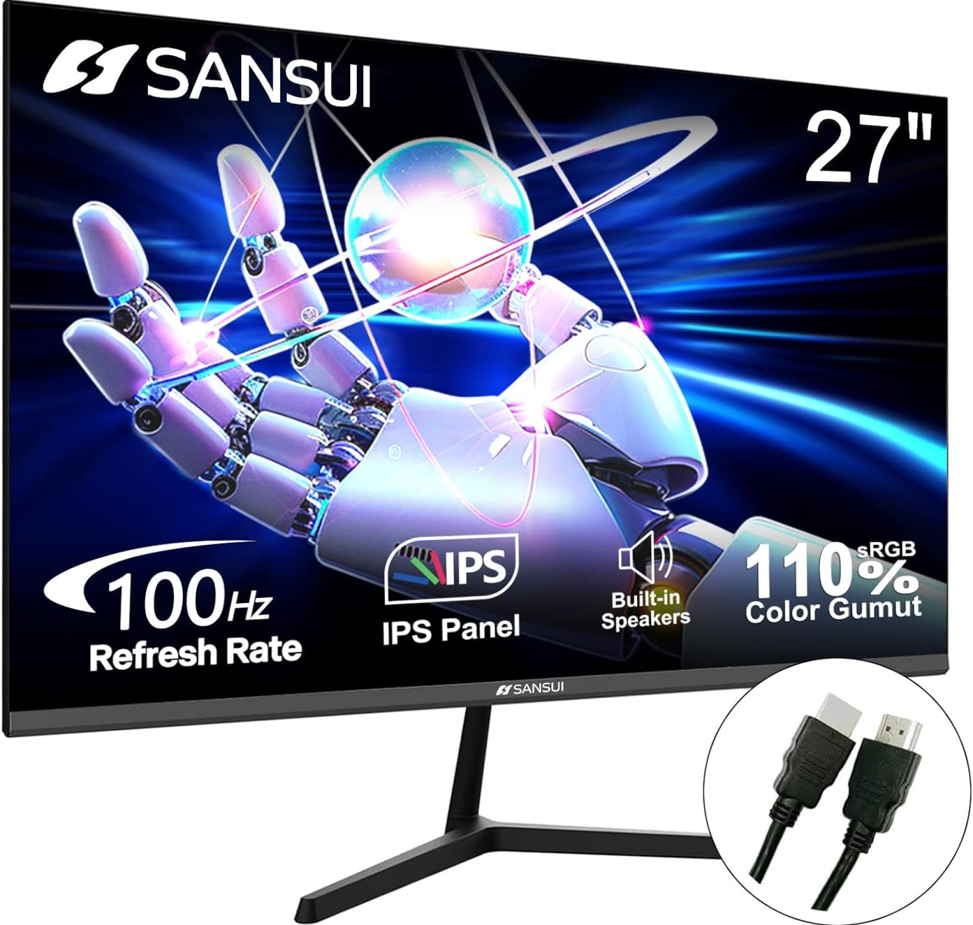 SANSUI Monitor 27 Inch IPS 100Hz Computer Monitor, Built-in Speakers HDR 110% sRGB FHD HDMI RTS/FPS Tilt Adjustable VESA Compatible, for Game and Office (HDMI Cable Included) SANSUI Monitor 27 Inch IPS 100Hz Computer Monitor, Built-in Speakers HDR 110% sRGB FHD HDMI RTS/FPS Tilt Adjustable VESA Compatible, for Game and Office (HDMI Cable Included)