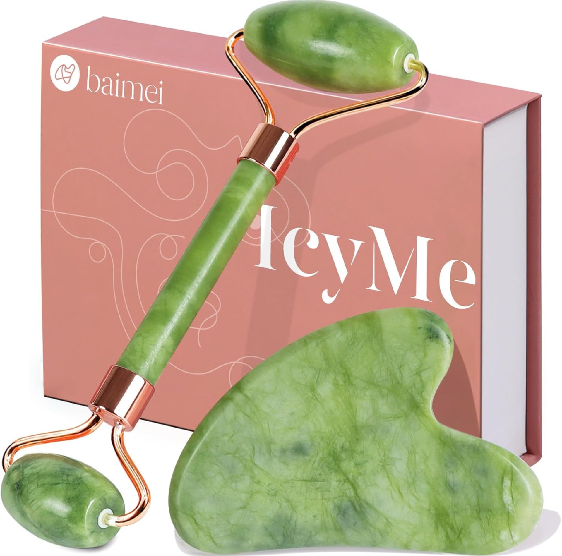 BAIMEI IcyMe Gua Sha & Jade Roller Facial Tools Face Roller and Gua Sha Set for Puffiness and Redness Reducing Skin Care Routine, Self Care Gift for Men Women – Green BAIMEI IcyMe Gua Sha & Jade Roller Facial Tools Face Roller and Gua Sha Set for Puffiness and Redness Reducing Skin Care Routine, Self Care Gift for Men Women – Green