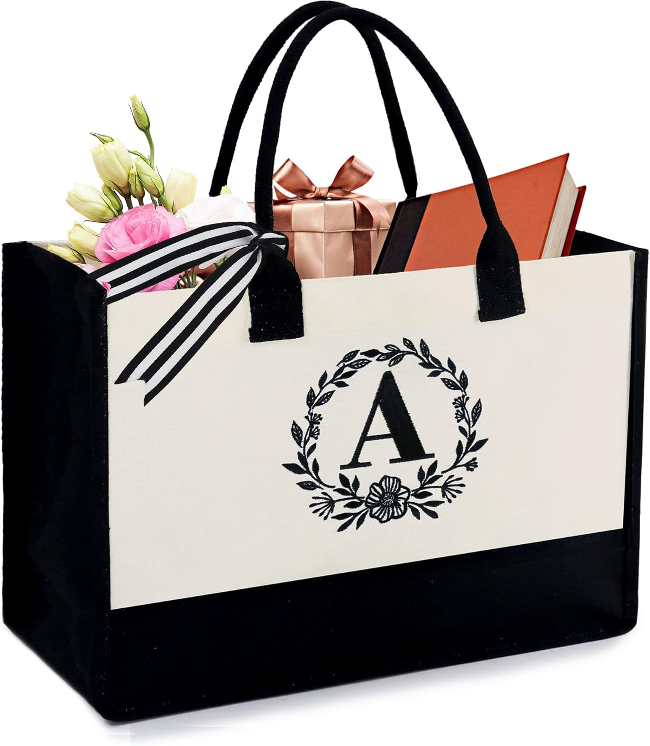 BeeGreen Gift Basket Monogram Initial Canvas Tote Bag with Pocket Embroidery Personalized Tote for Mom Teacher Friend BeeGreen Gift Basket Monogram Initial Canvas Tote Bag with Pocket Embroidery Personalized Tote for Mom Teacher Friend