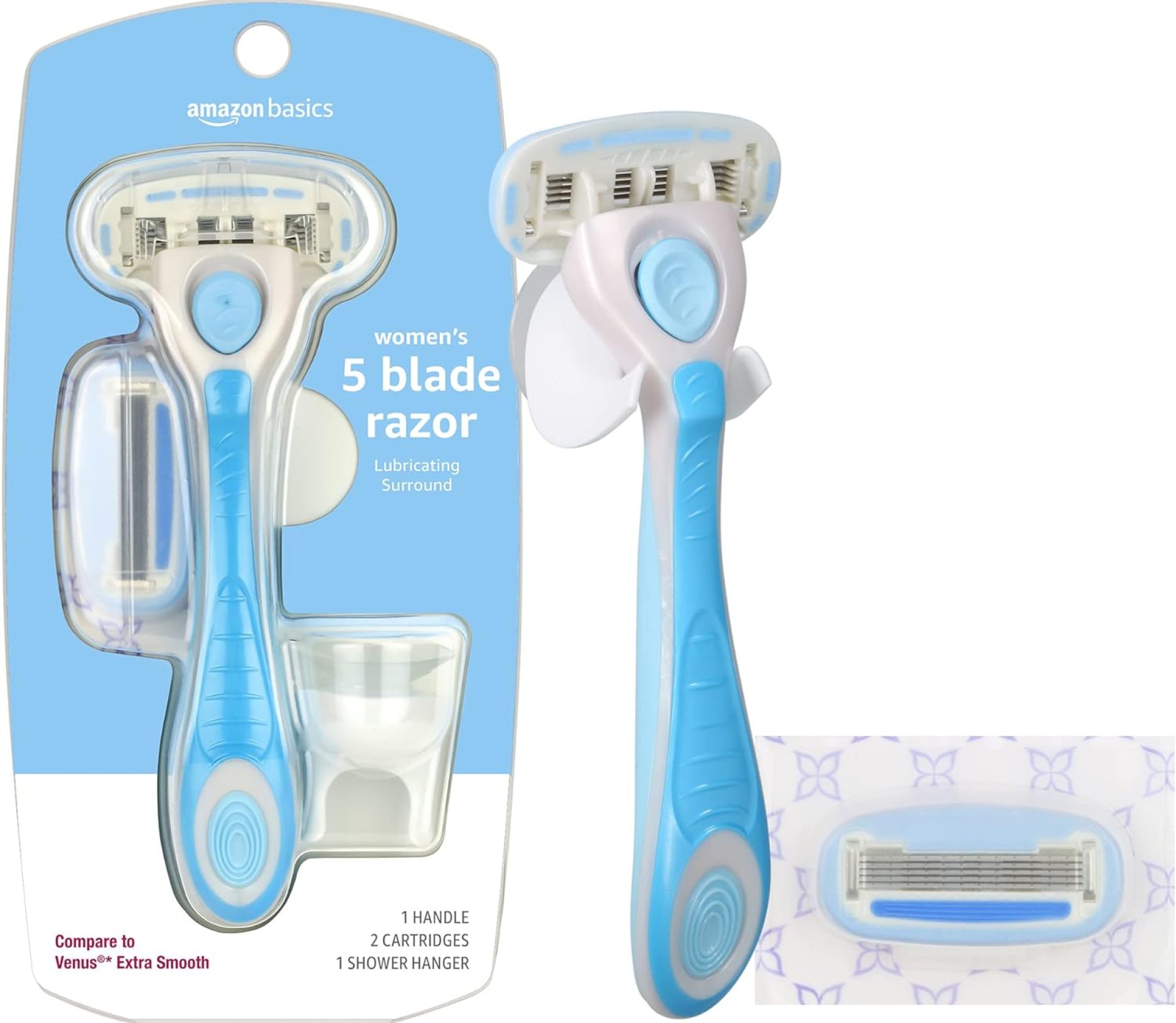 Amazon Basics 5-Blade Razor for Women, Handle, 2 Cartridges & Shower Hanger (Cartridges fit Amazon Basics Razor Handles only) (Previously Solimo) Amazon Basics 5-Blade Razor for Women, Handle, 2 Cartridges & Shower Hanger (Cartridges fit Amazon Basics Razor Handles only) (Previously Solimo)